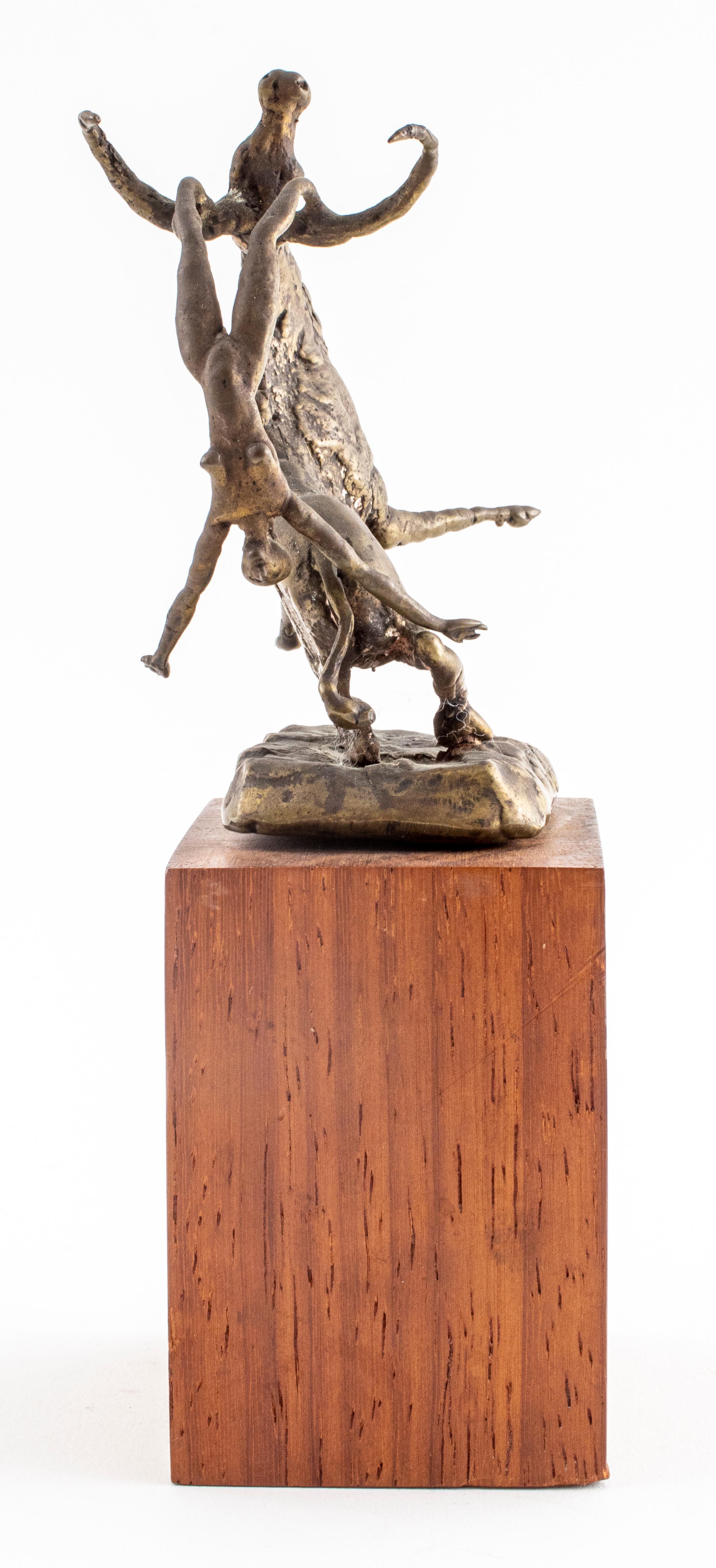 Metal Brutalist Bronze Longhorn & Nude Acrobat Sculpture For Sale