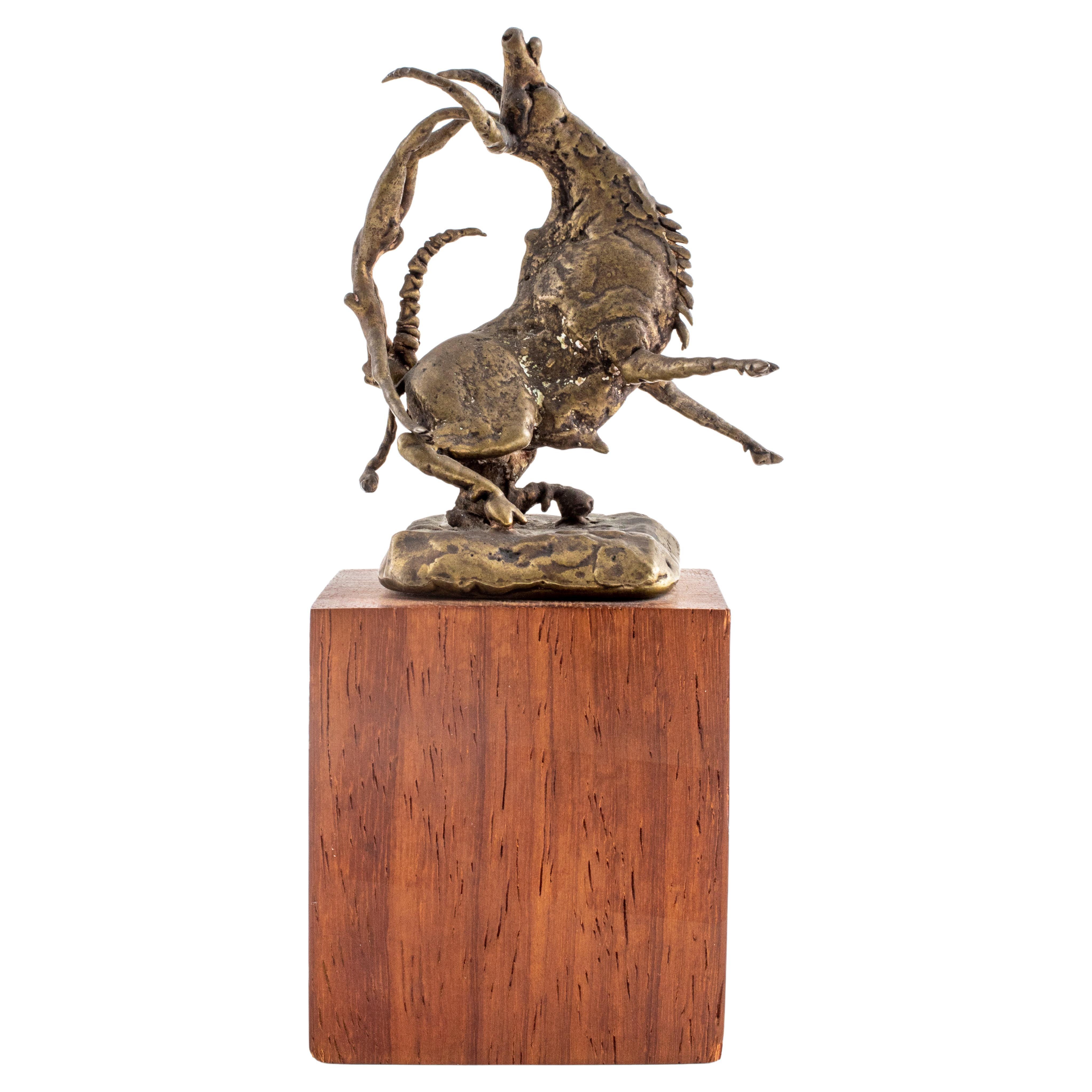Brutalist Bronze Longhorn & Nude Acrobat Sculpture