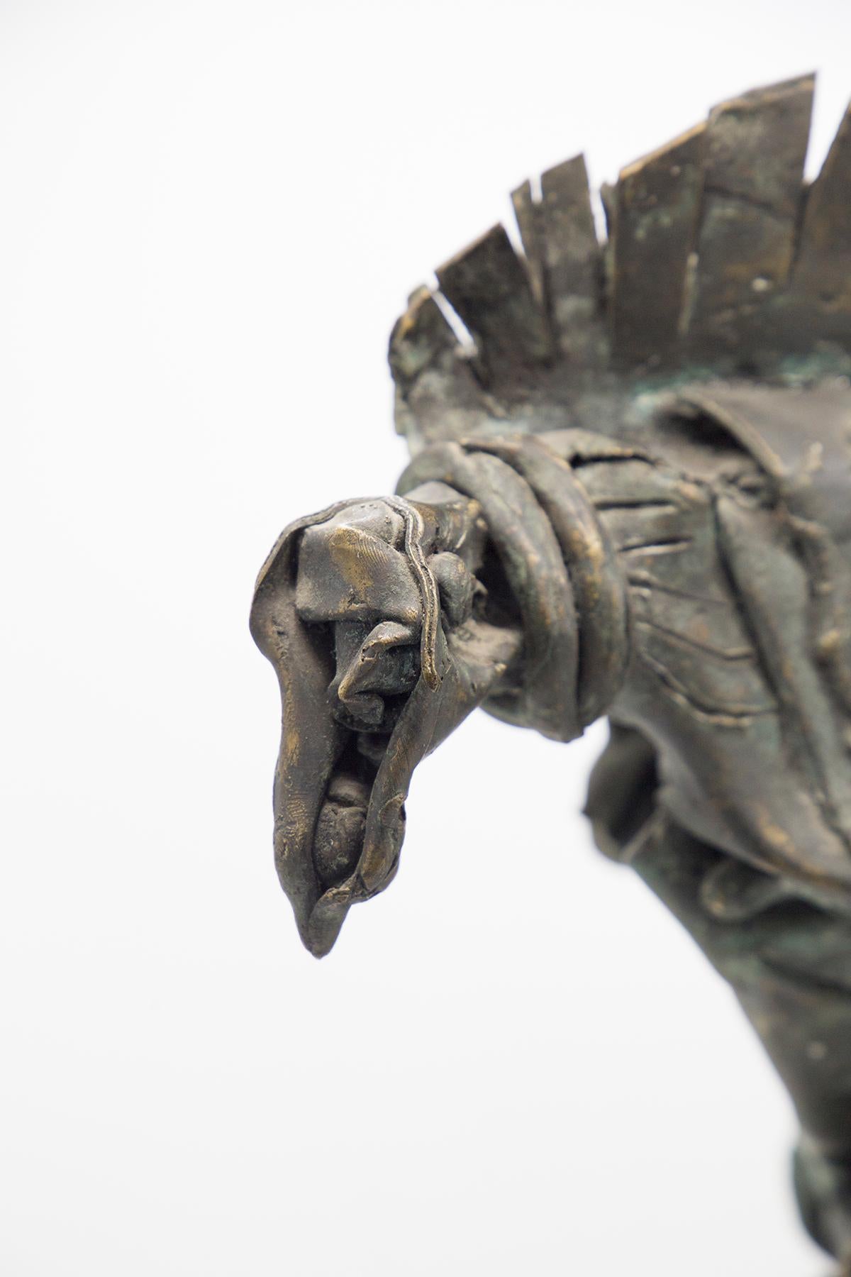 Italian Brutalist Bronze Mythological Bird Sculpture in Travertine For Sale