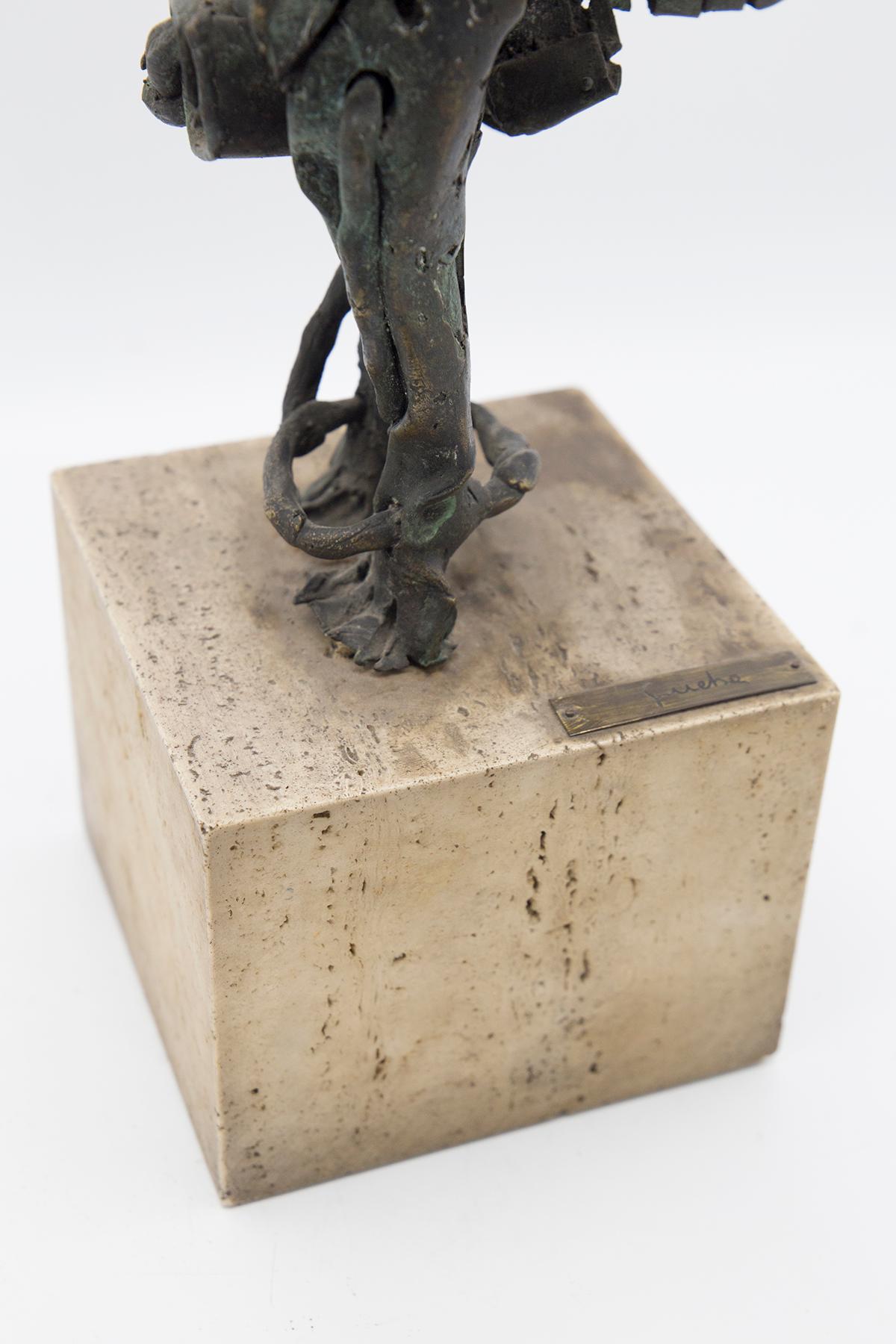 Mid-20th Century Brutalist Bronze Mythological Bird Sculpture in Travertine For Sale