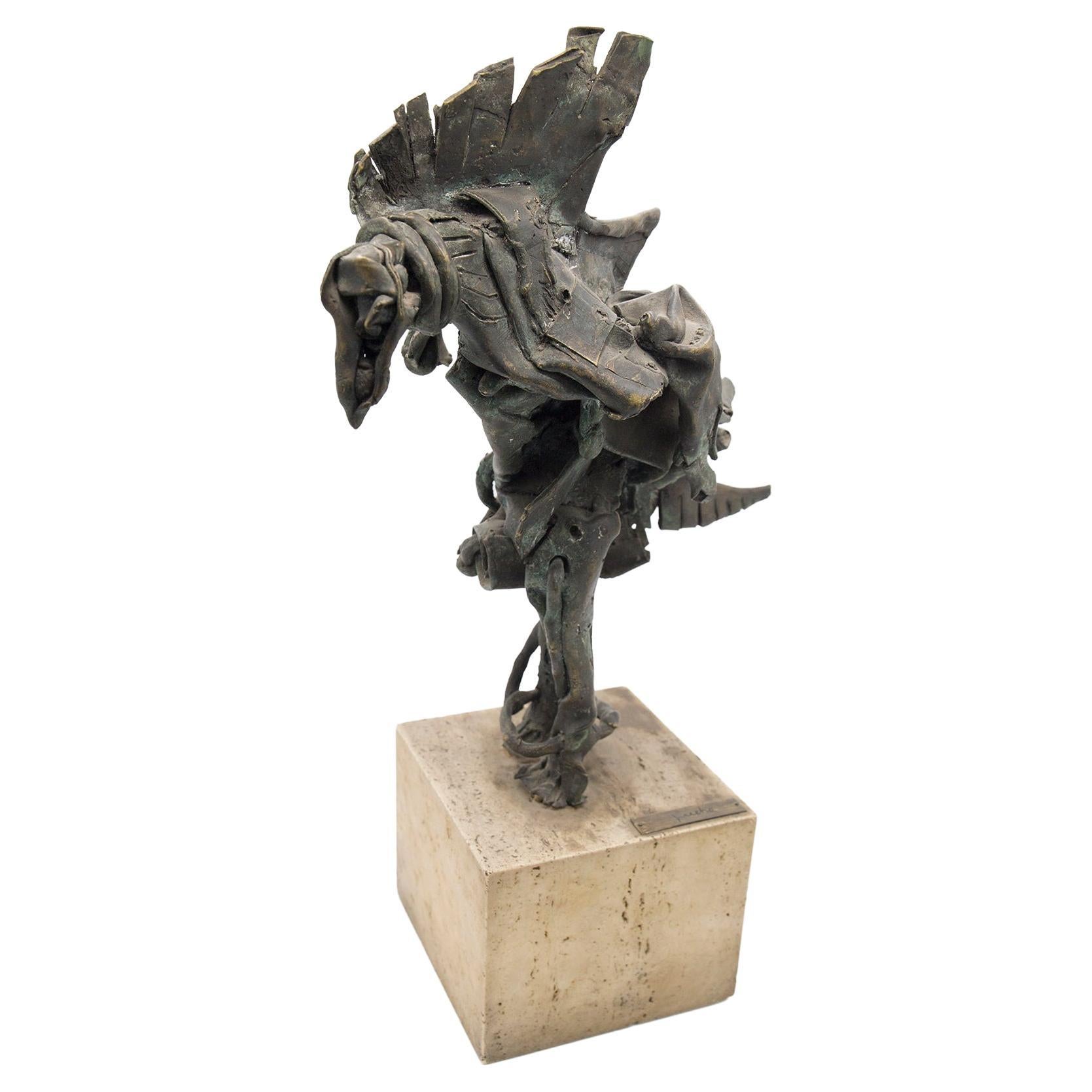 Brutalist Bronze Mythological Bird Sculpture in Travertine For Sale