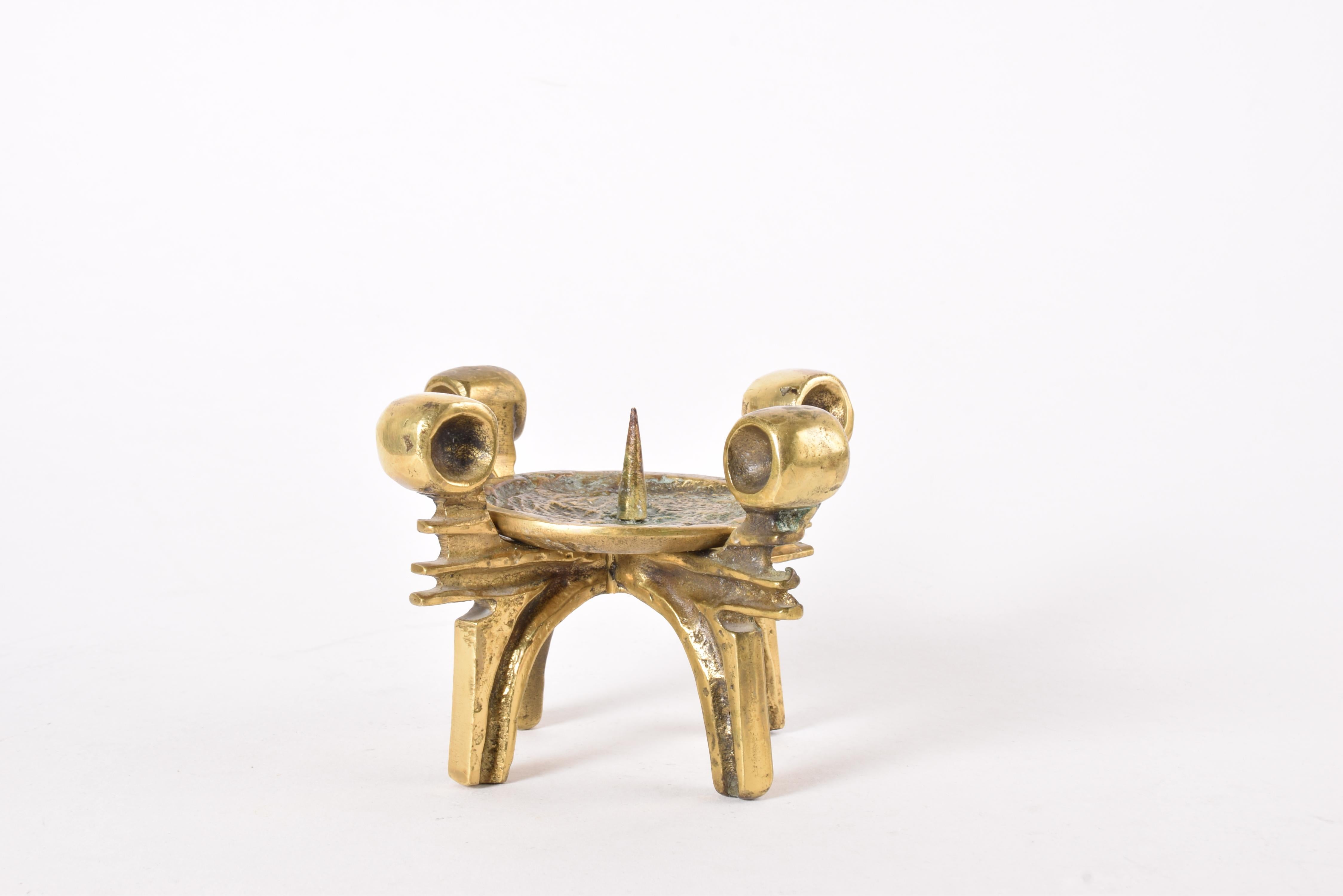 Italian Brutalist Bronze or Brass Candle Holder for Large Candle, Stamped, Modern Design For Sale