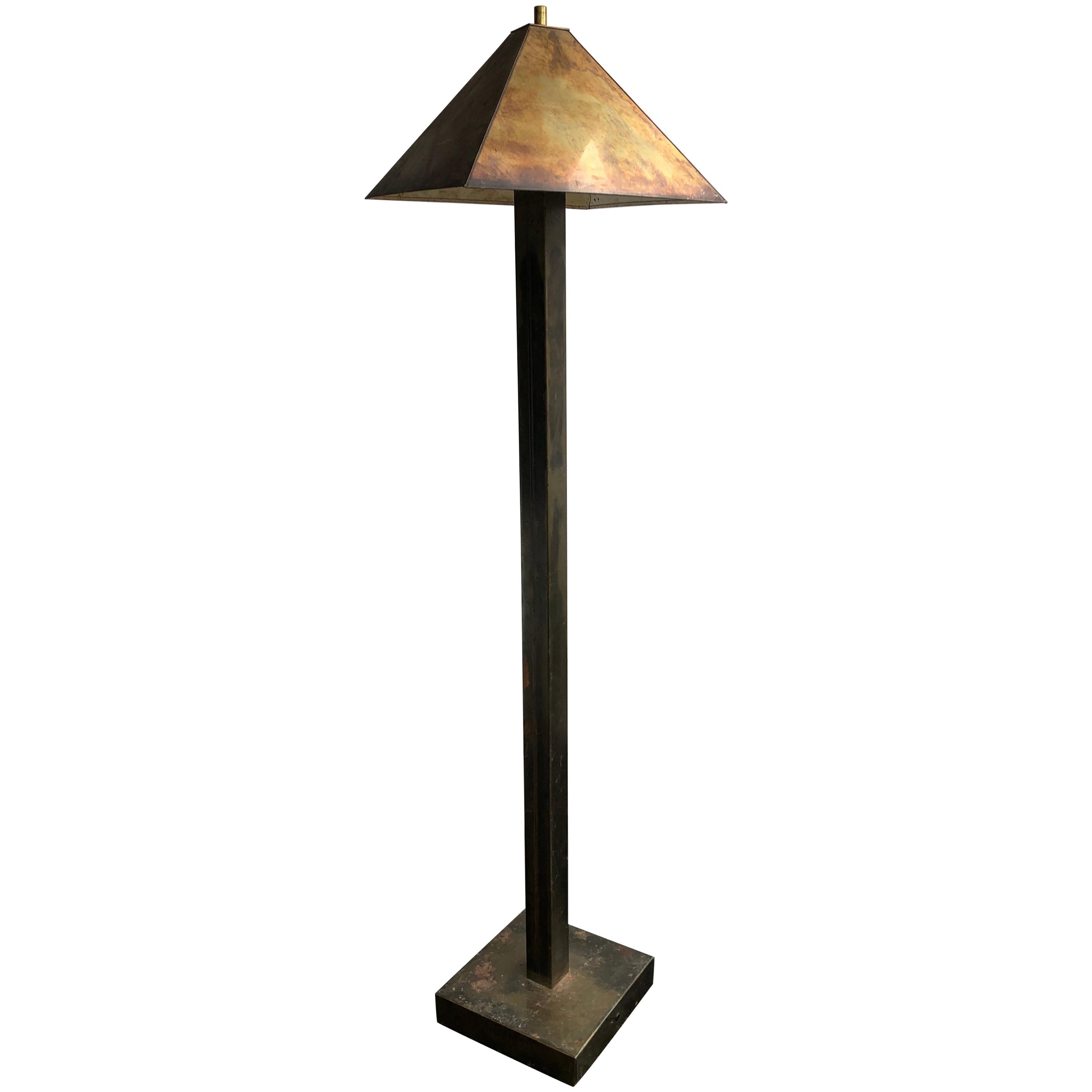  Brutalist Bronze Patinated Floor Lamp and Shade