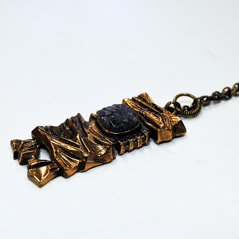 Finnish Brutalist Bronze Pendant Kelo with Amethyst by Pentti Sarpaneva Finland 1960s For Sale