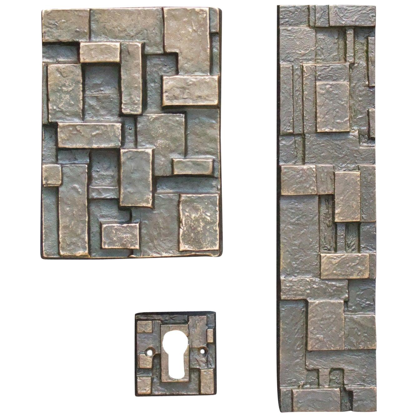 Brutalist Bronze Push or Pull Door Handle Set with Geometric Design 20th Century