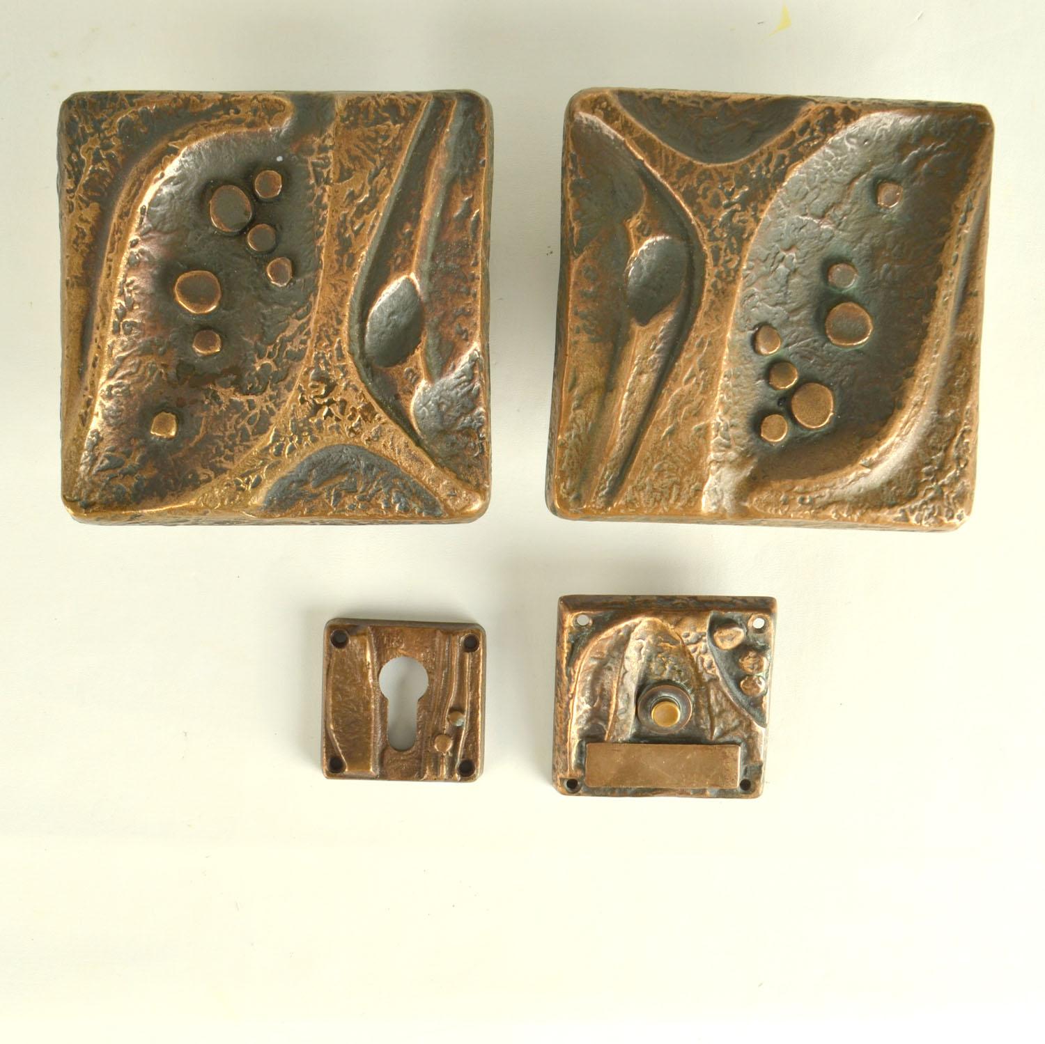 Late 20th Century Brutalist Bronze Door Handles, Bel and Key Hole with Organic Relief