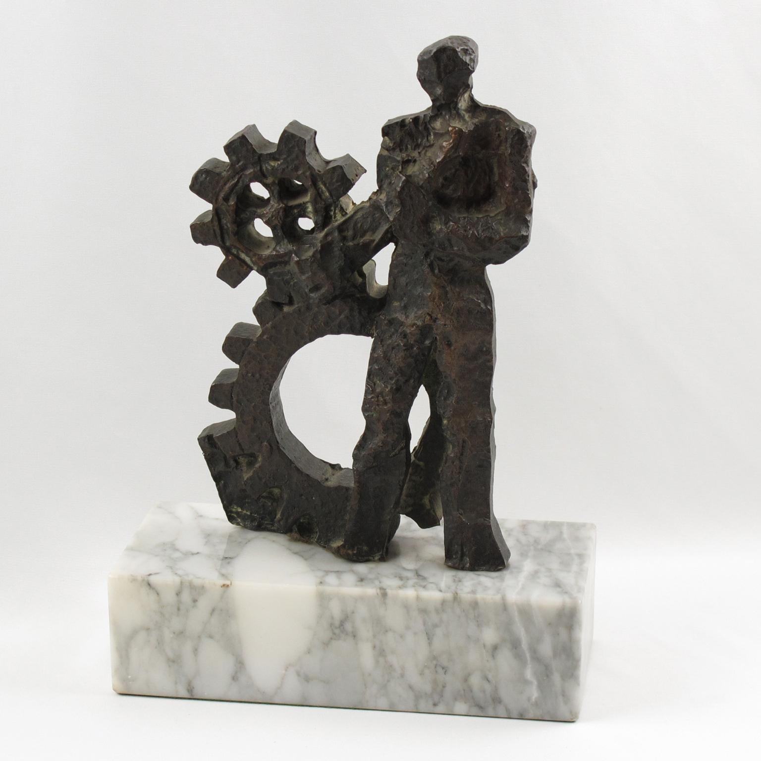 Mid-Century Modern Brutalist Bronze Sculpture on Marble Base, Man and Machine, 1970s For Sale