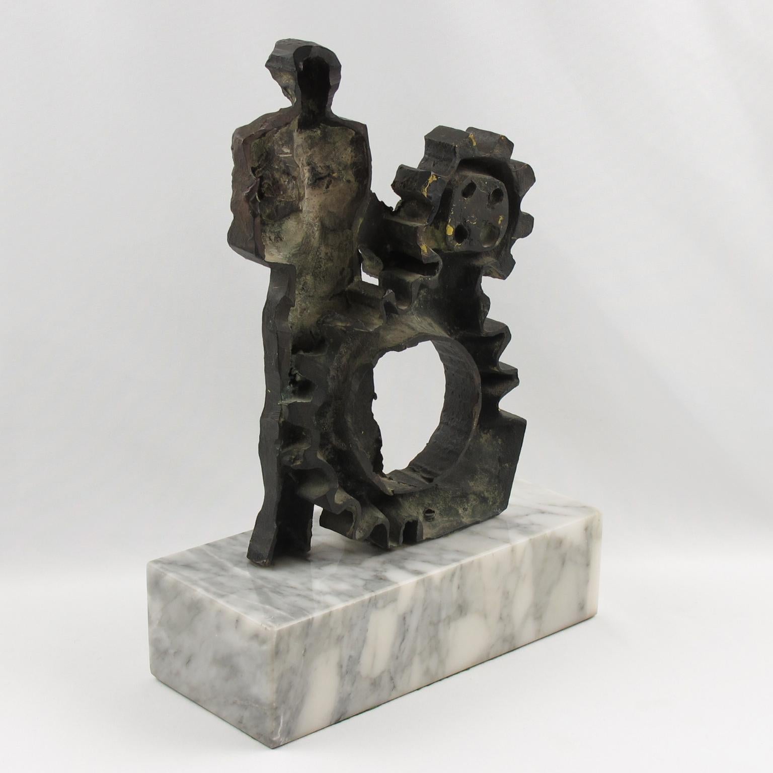 Brutalist Bronze Sculpture on Marble Base, Man and Machine, 1970s In Excellent Condition For Sale In Atlanta, GA