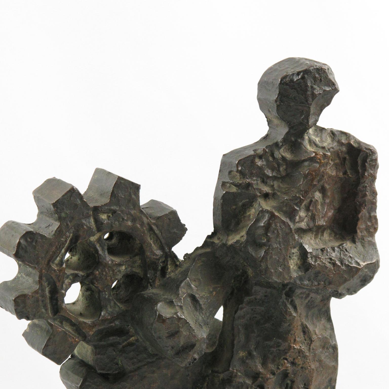 Late 20th Century Brutalist Bronze Sculpture on Marble Base, Man and Machine, 1970s For Sale