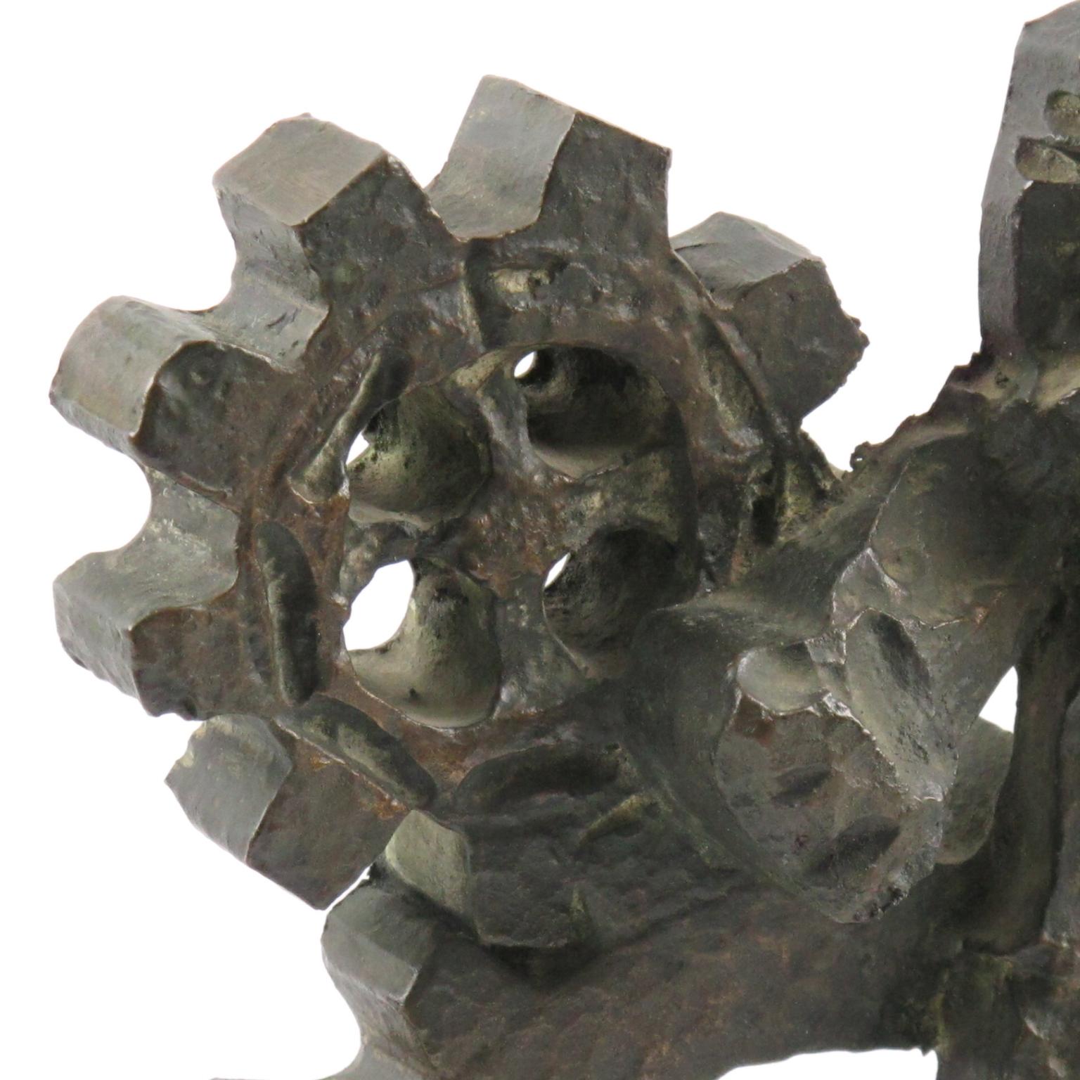 Metal Brutalist Bronze Sculpture on Marble Base, Man and Machine, 1970s For Sale