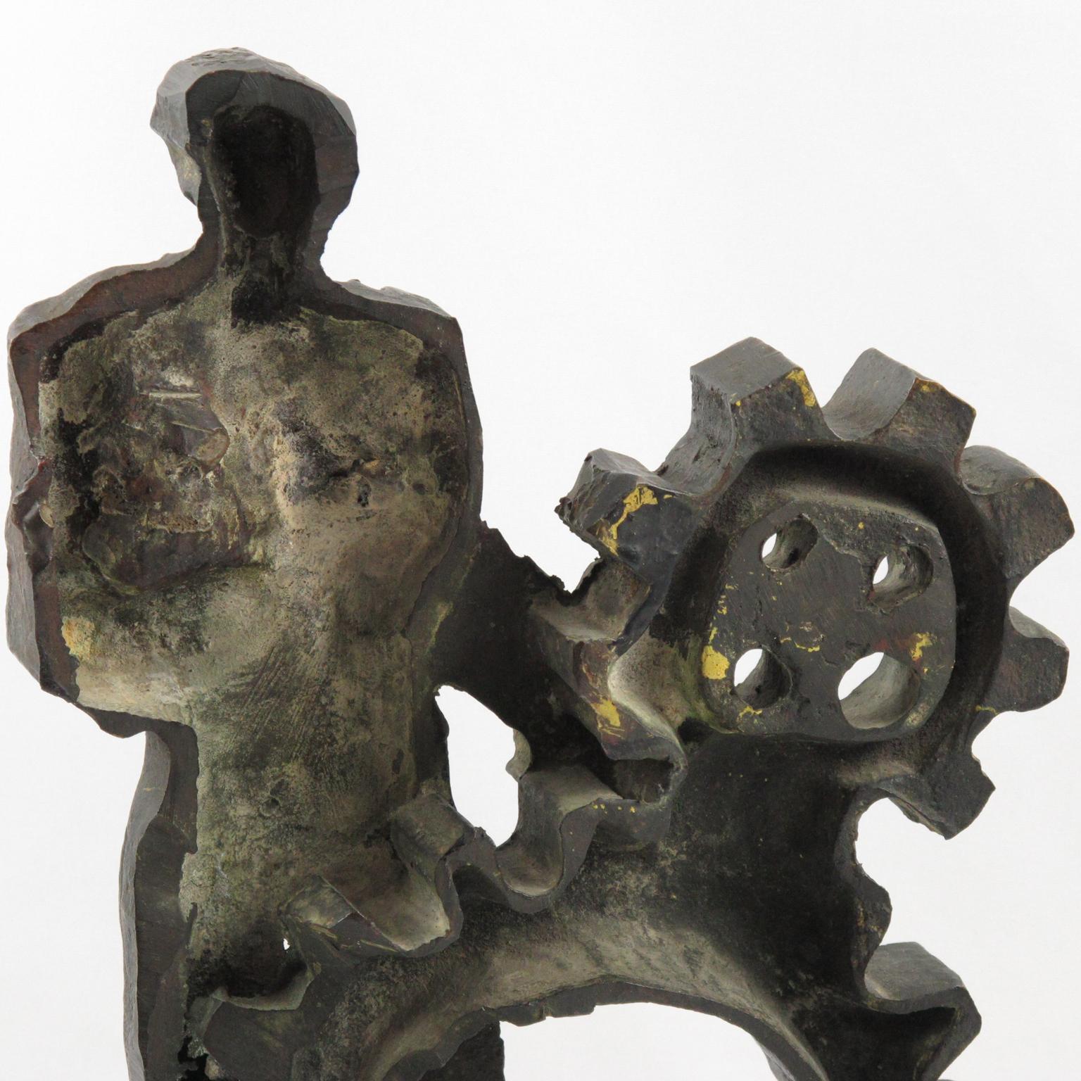 Brutalist Bronze Sculpture on Marble Base, Man and Machine, 1970s For Sale 1