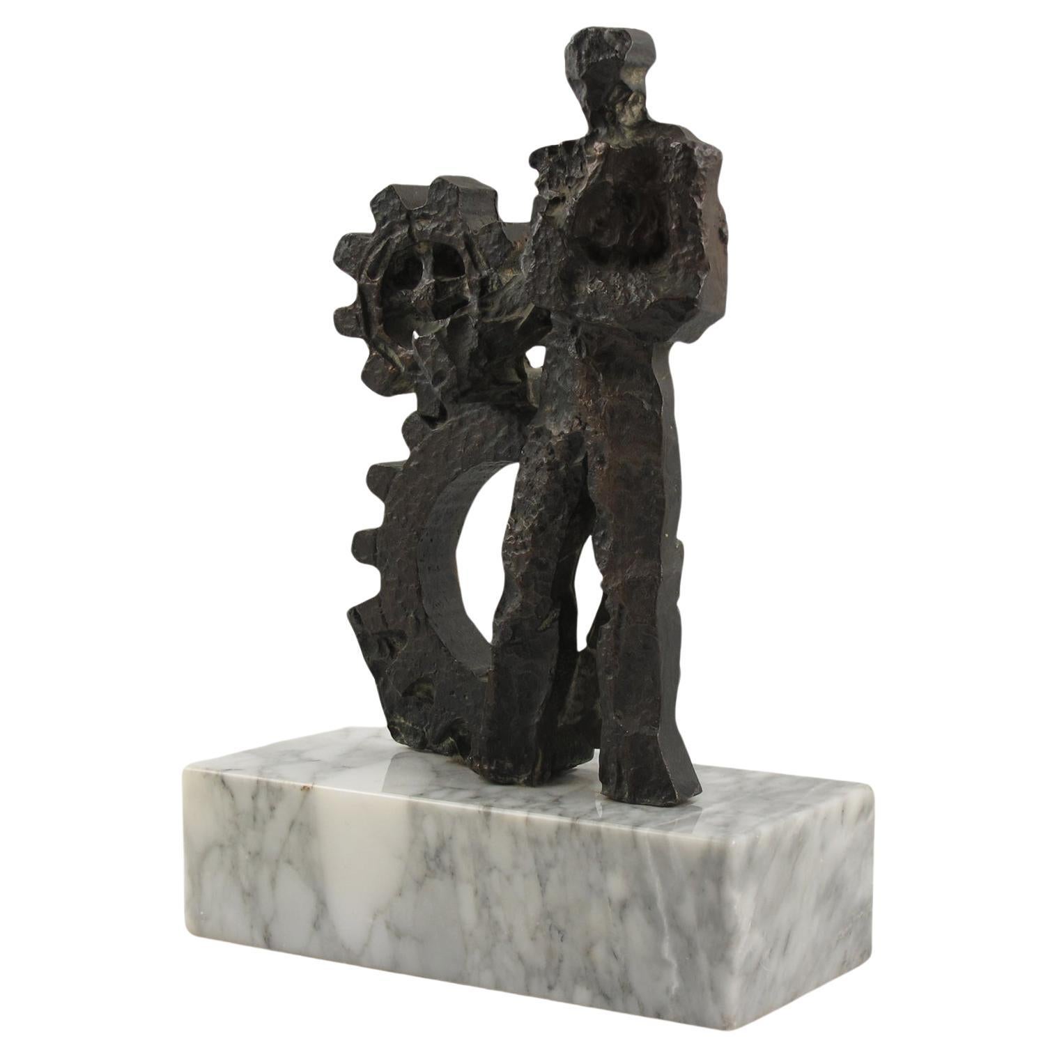 Sculpture brutaliste en bronze sur socle en marbre, Homme et machine, années 1970