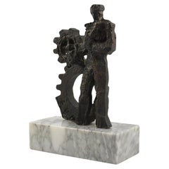 Brutalist Bronze Sculpture on Marble Base, Man and Machine, 1970s