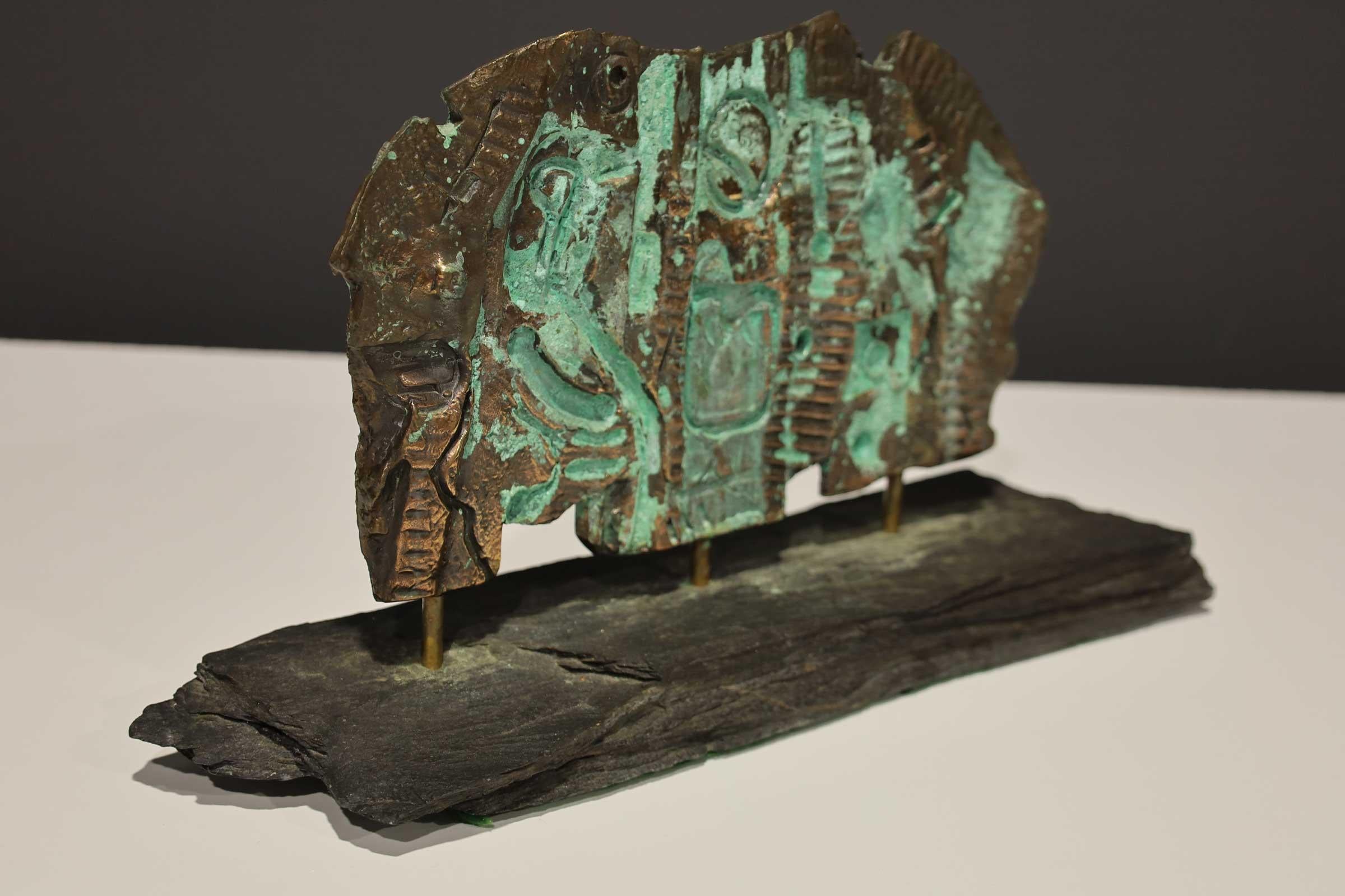 Brutalist Bronze Sculpture on Stand with Sedimentary Base For Sale 2