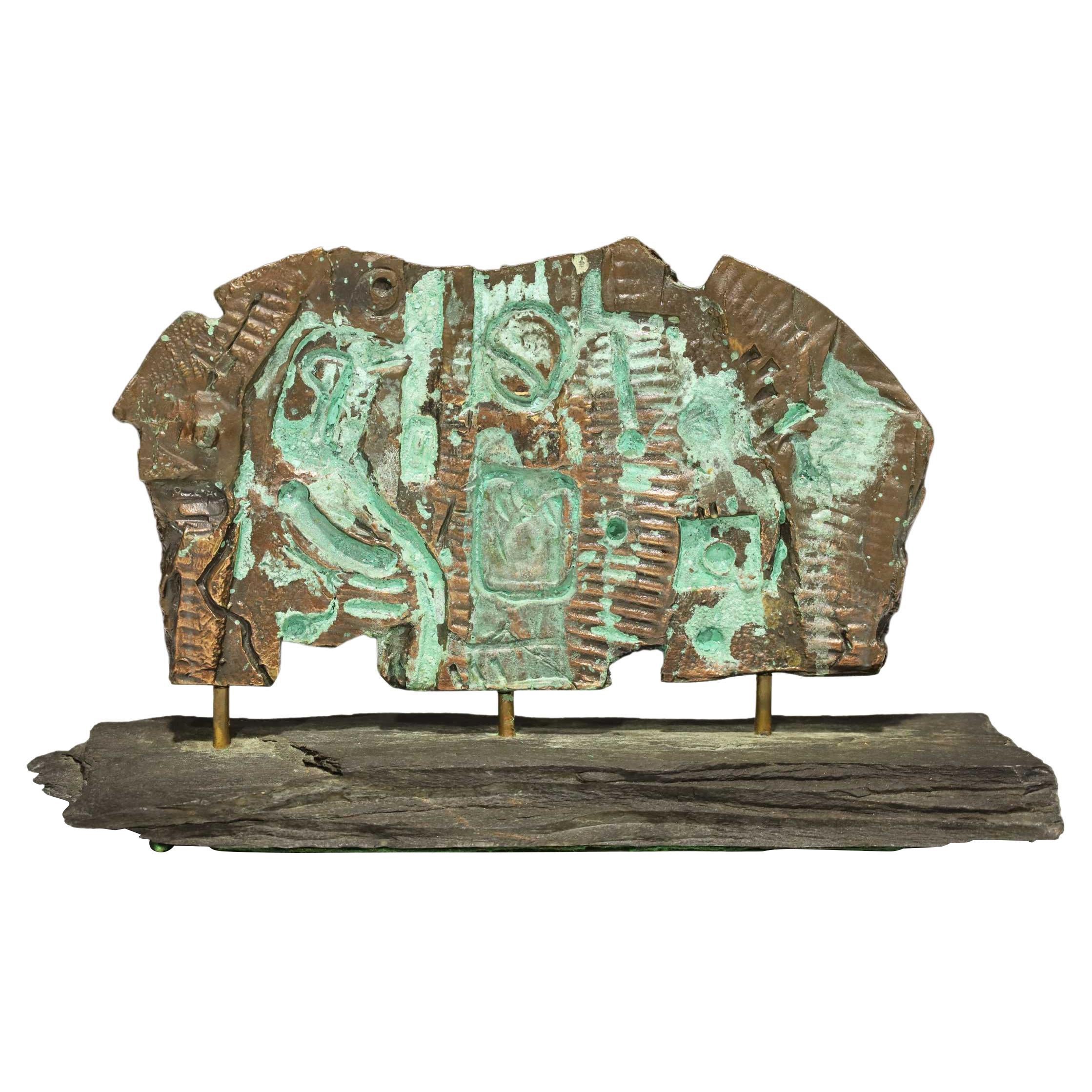 Brutalist Bronze Sculpture on Stand with Sedimentary Base