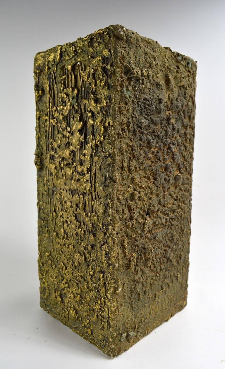 Wonderful Brutalist bronze vase, turn it over and it's a pedestal, or it stands alone as a sculpture. Dimensional textural surface with great untouched patina the quality and sophistication of this item suggests it is by Paul Evans, however it is