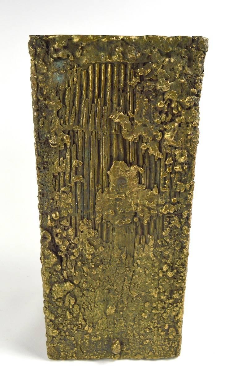 American Brutalist Bronze Sculpture Vase Pedestal Attributed to Paul Evans