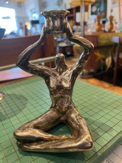 Brutalist Bronze Silver plate Art Deco Signed & Numbered Nude Candleholder