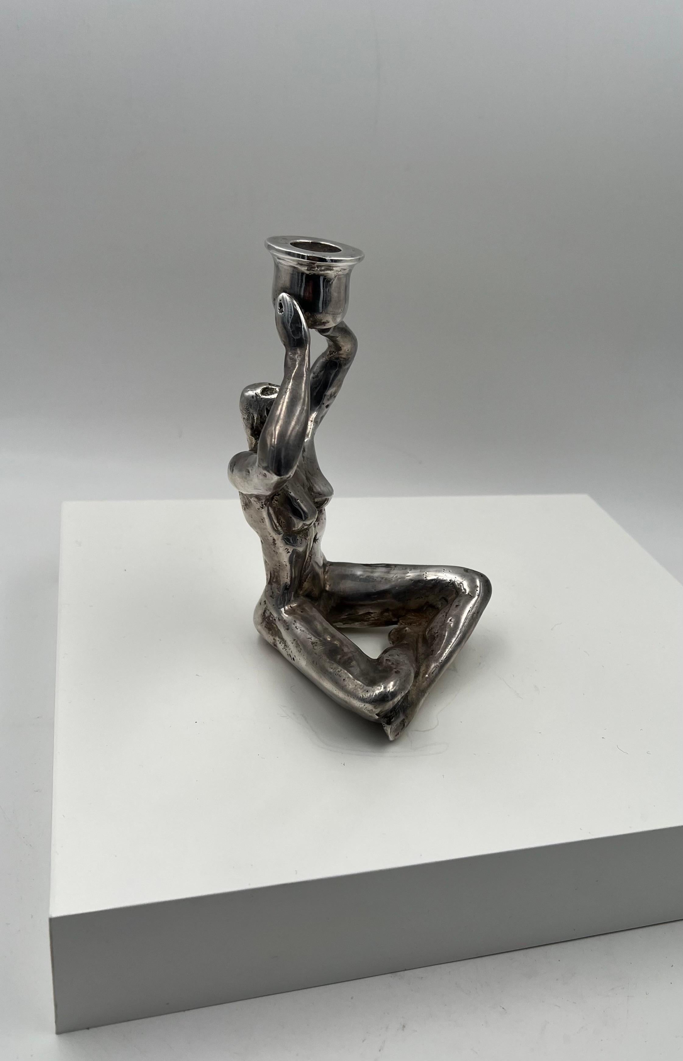 Brutalist Bronze Silver plate Art Deco Signed & Numbered Nude Candleholder In Excellent Condition For Sale In San Diego, CA