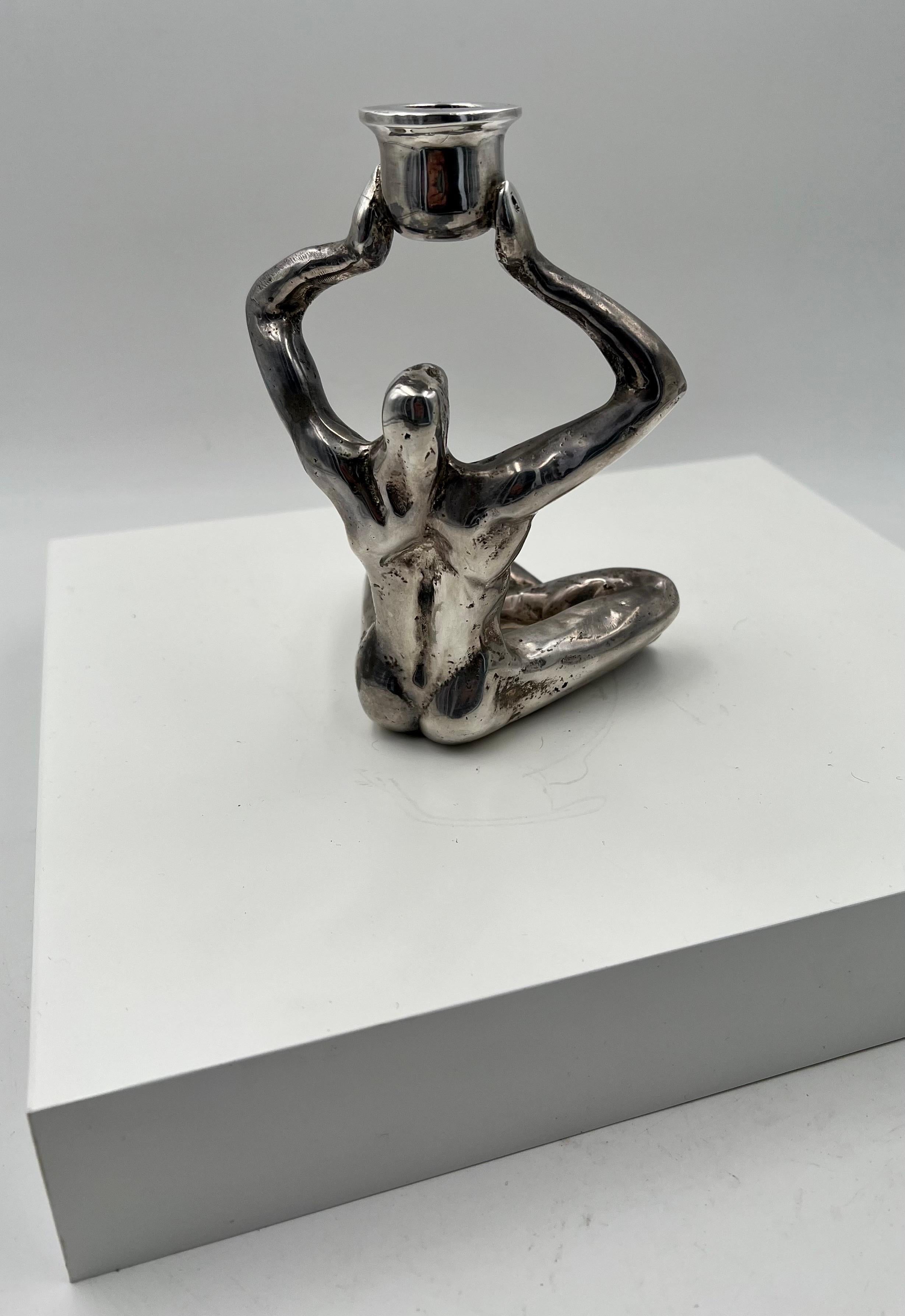 20th Century Brutalist Bronze Silver plate Art Deco Signed & Numbered Nude Candleholder For Sale