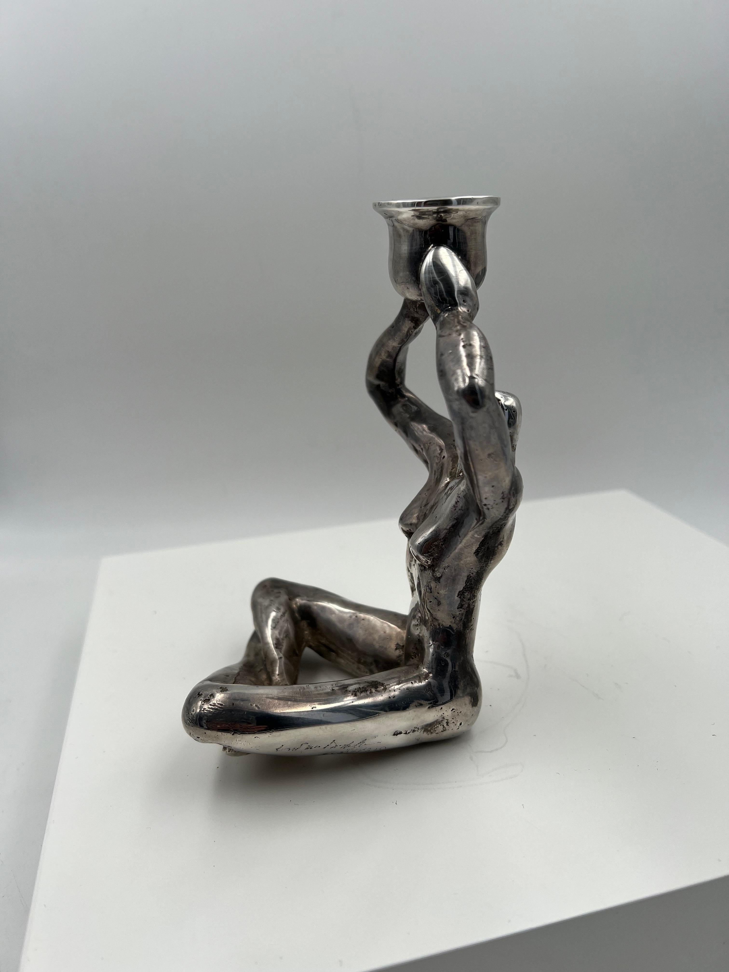 Silver Plate Brutalist Bronze Silver plate Art Deco Signed & Numbered Nude Candleholder For Sale
