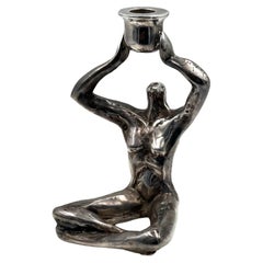 Vintage Brutalist Bronze Silver plate Art Deco Signed & Numbered Nude Candleholder