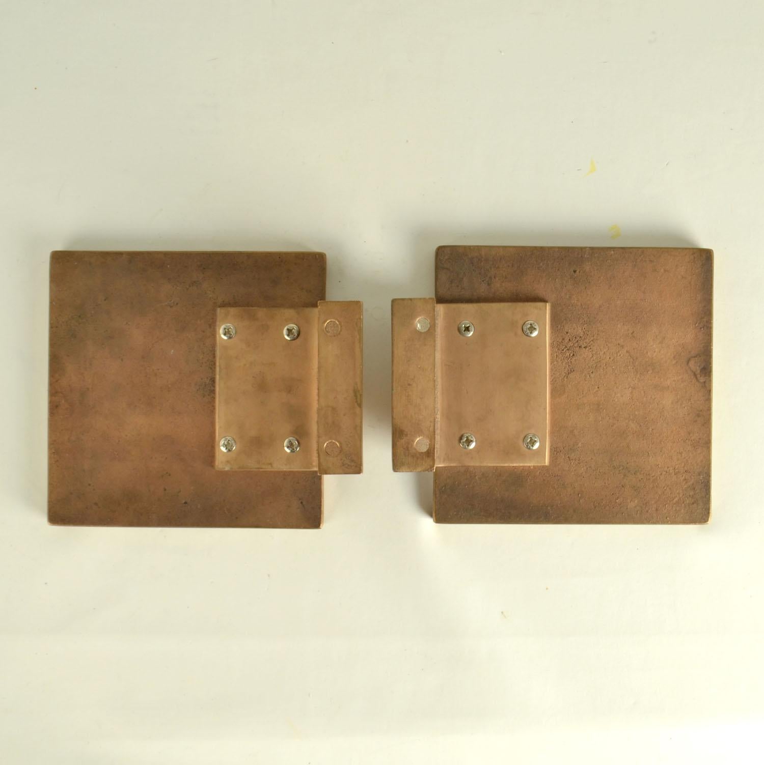 Brutalist Bronze Square Push Pull Door Handles with Embossed Relief For Sale 4