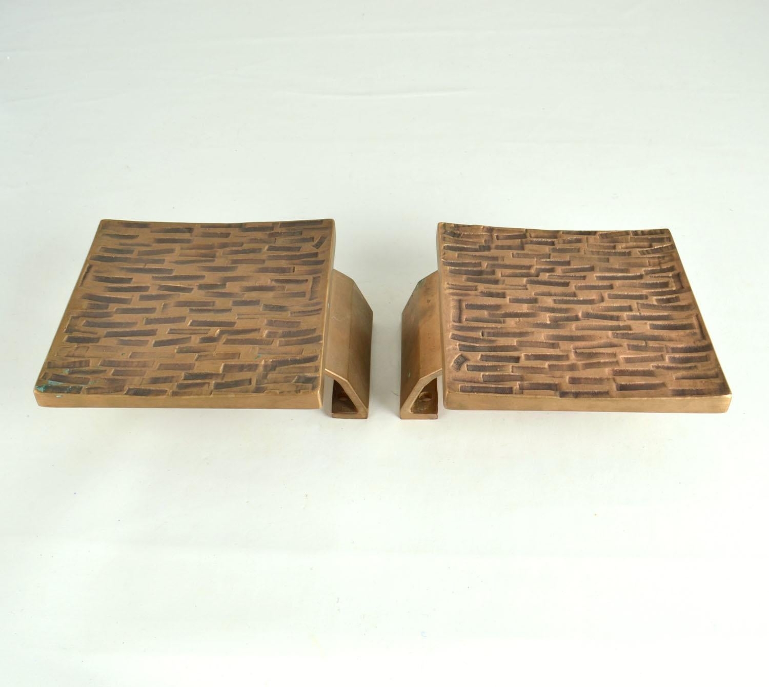 Brutalist Bronze Square Push Pull Door Handles with Embossed Relief For Sale 2
