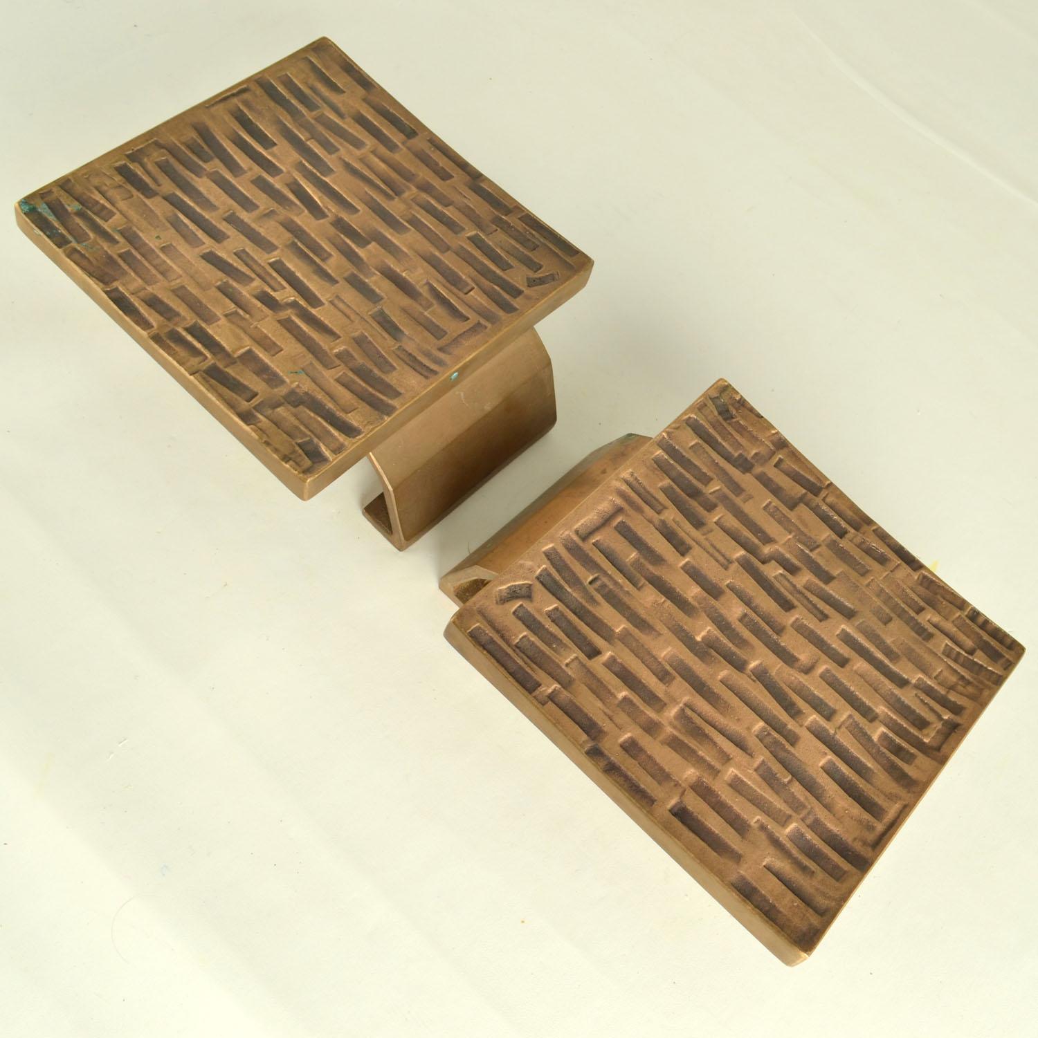 Brutalist Bronze Square Push Pull Door Handles with Embossed Relief For Sale 3