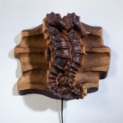 Brutalist brown ceramic Seahorse wall light sconce , 1970s