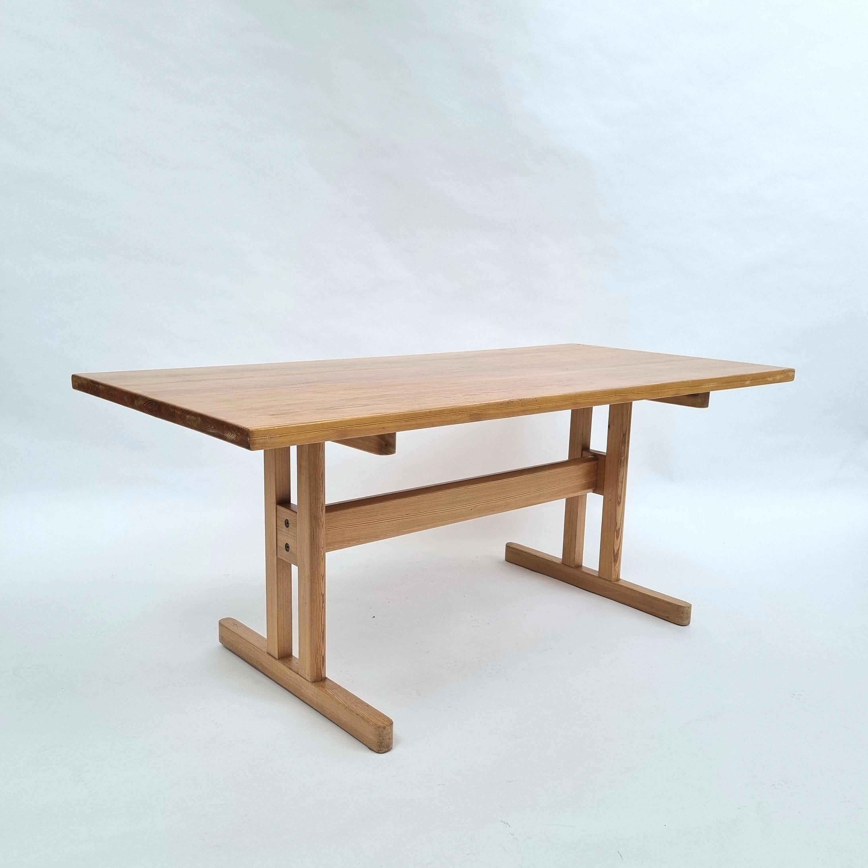 Danish Brutalist Brown Solid Pine Dining Table or Work Desk, 1970s