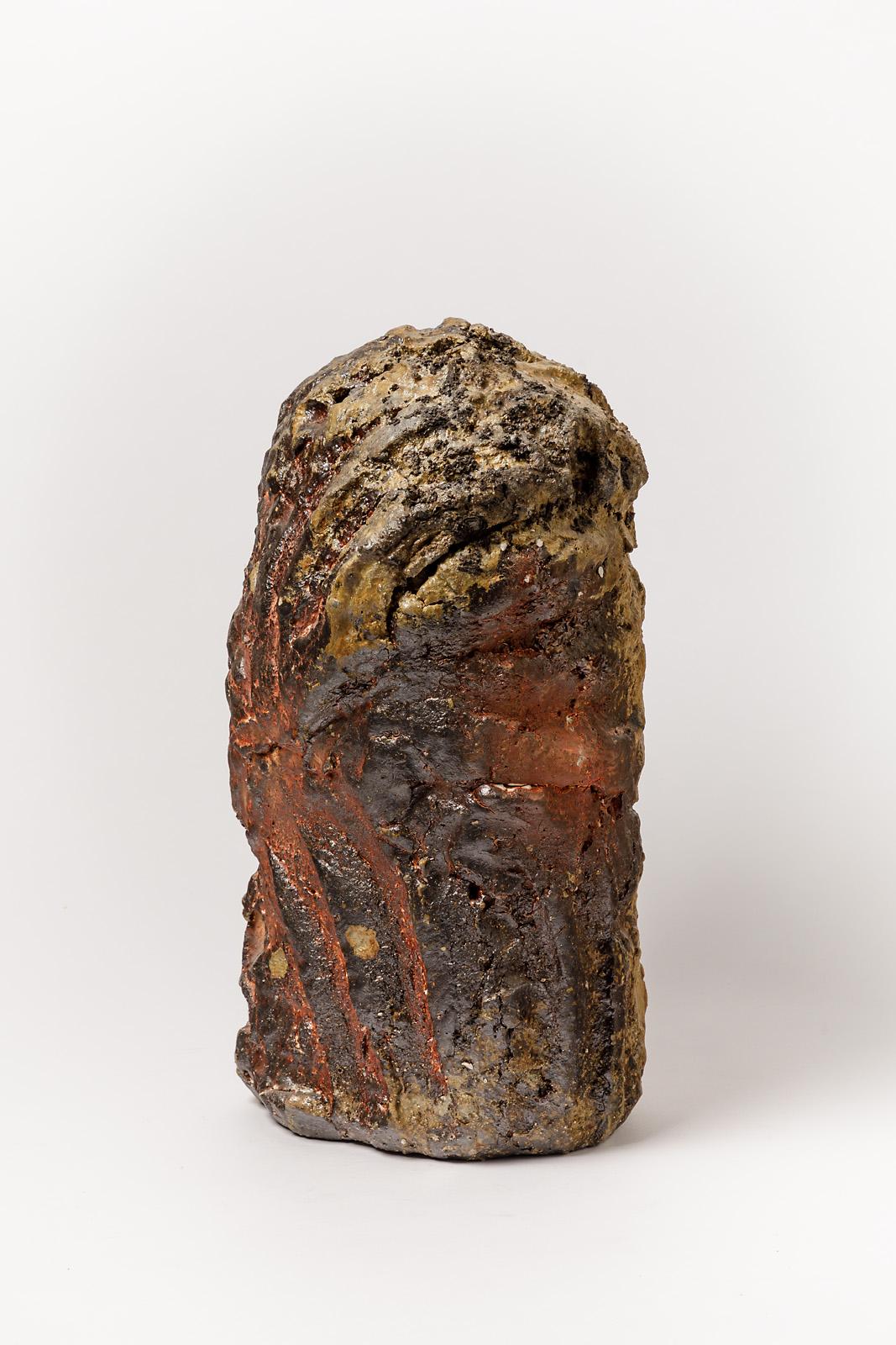 Modern Brutalist Brown Stoneware Ceramic Sculpture Abstract Form by Hervé Rousseau For Sale