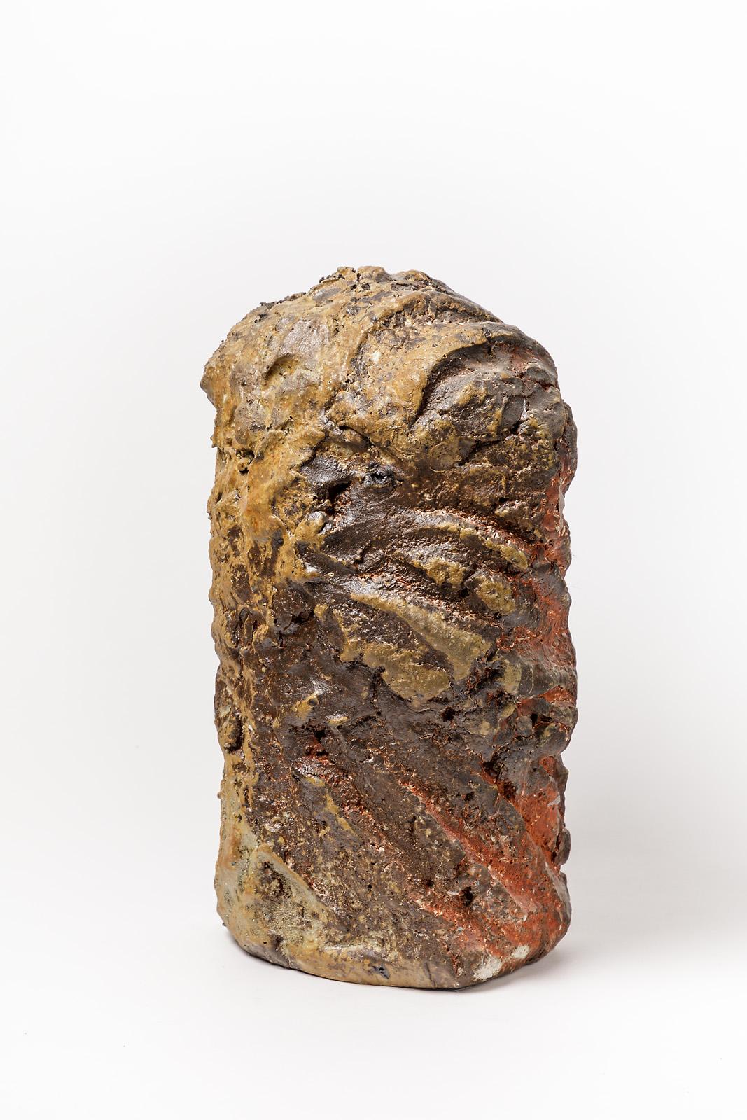 French Brutalist Brown Stoneware Ceramic Sculpture Abstract Form by Hervé Rousseau For Sale