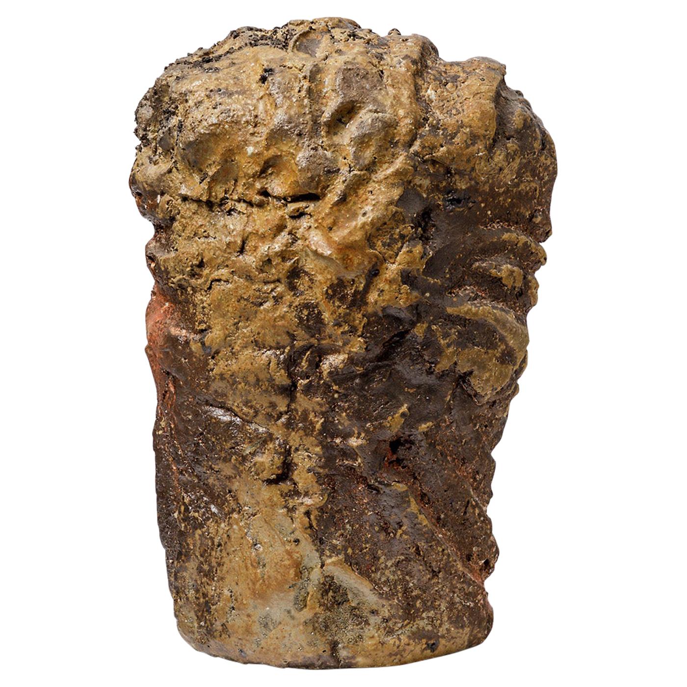 Scultura in ceramica marrone brutalista in gres, forma astratta di Hervé Rousseau
