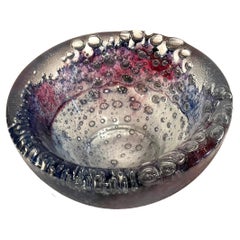 Brutalist Bubble Glass Footed Compote Bubble Bowl Signed
