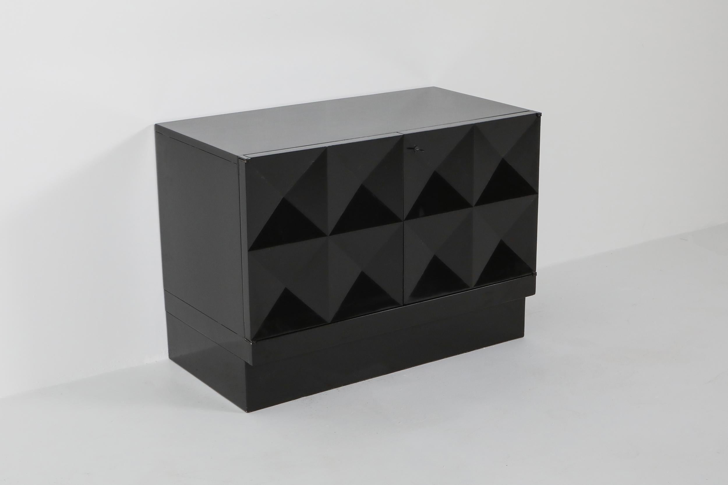20th Century Brutalist Cabinet in Black Lacquer with Graphic Door Panels