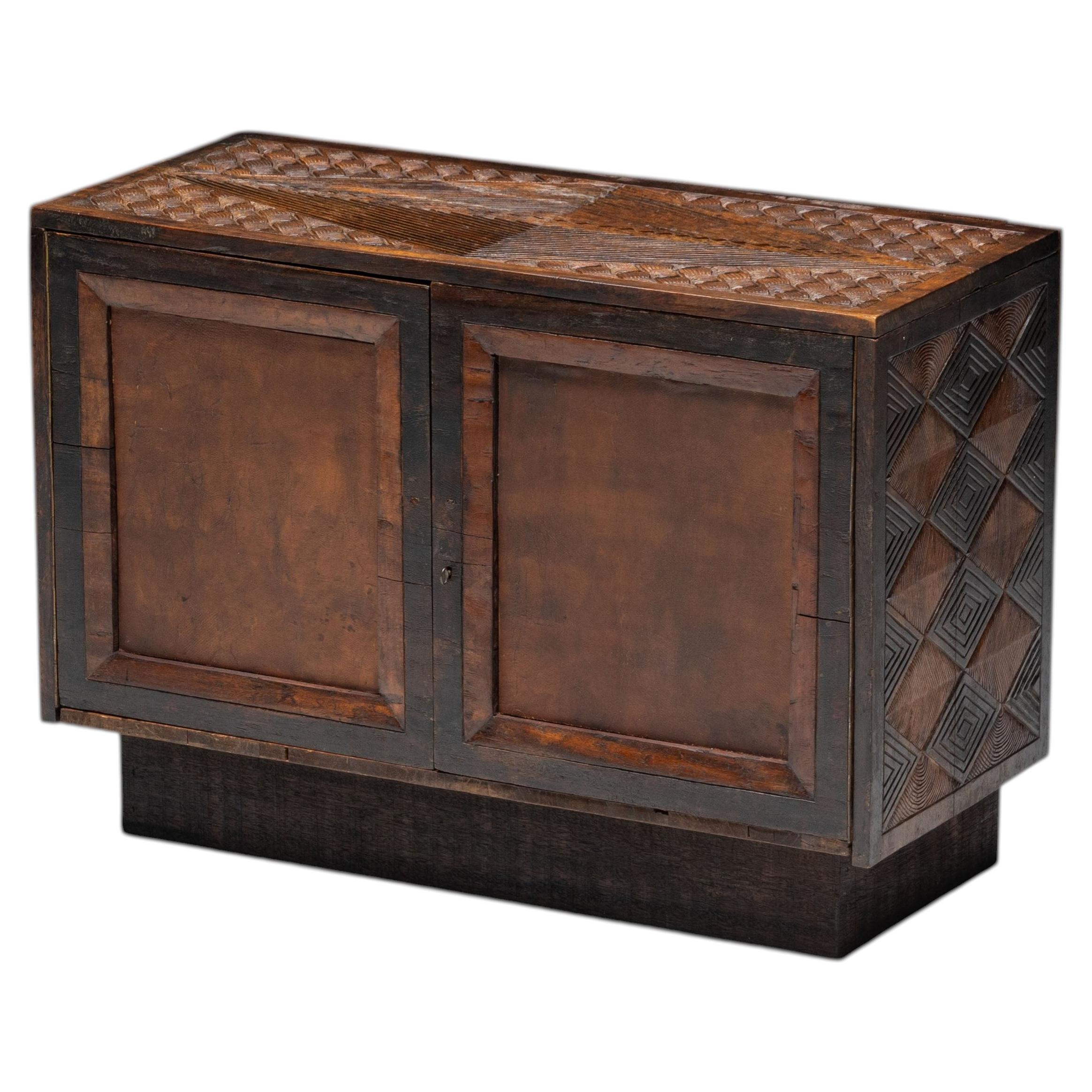 Brutalist Cabinet with Leather-Clad Doors, Africa, Mid-20th Century