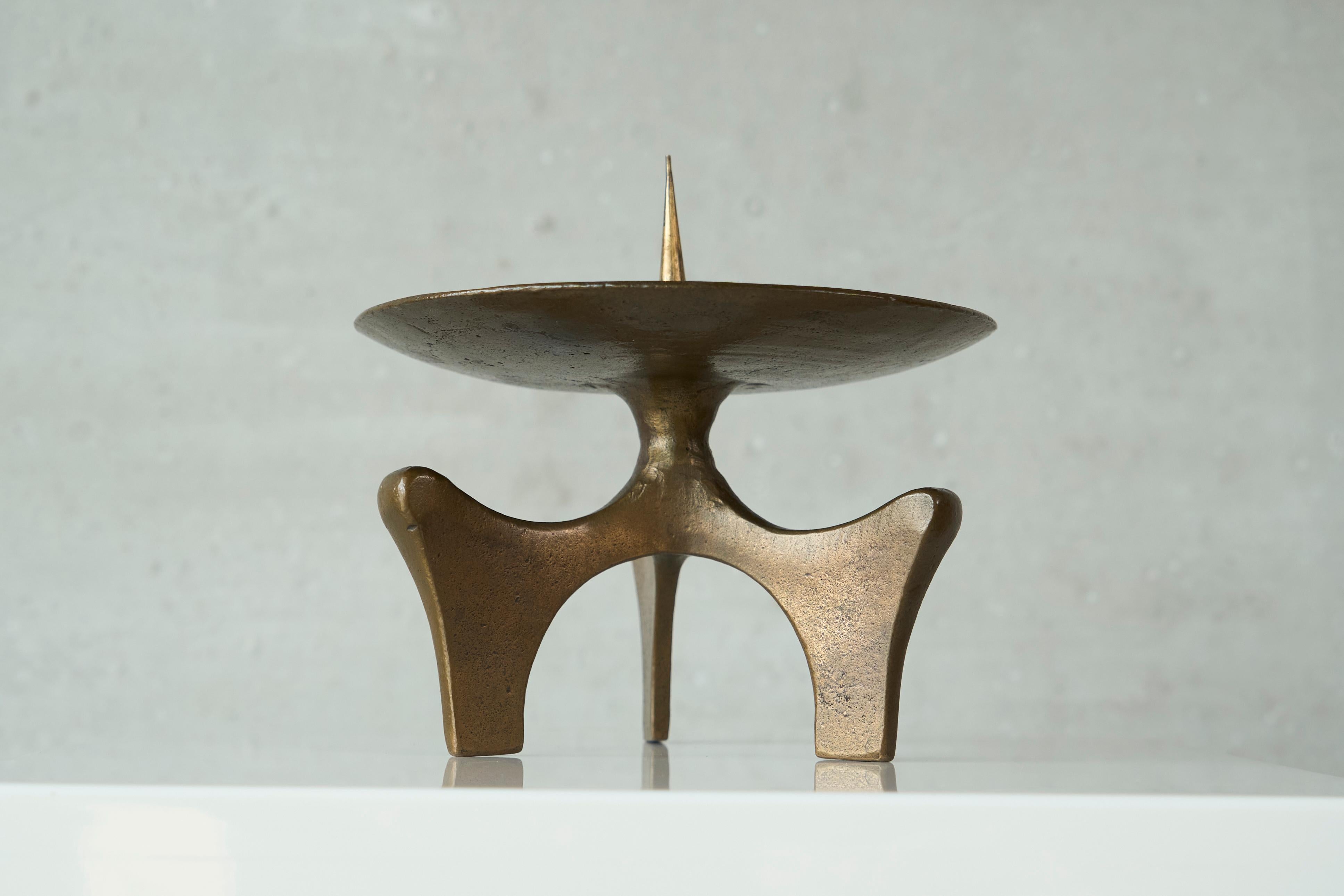 Hand-Crafted Brutalist Candle Holder in Patinated Sand Cast Brass 1960s For Sale