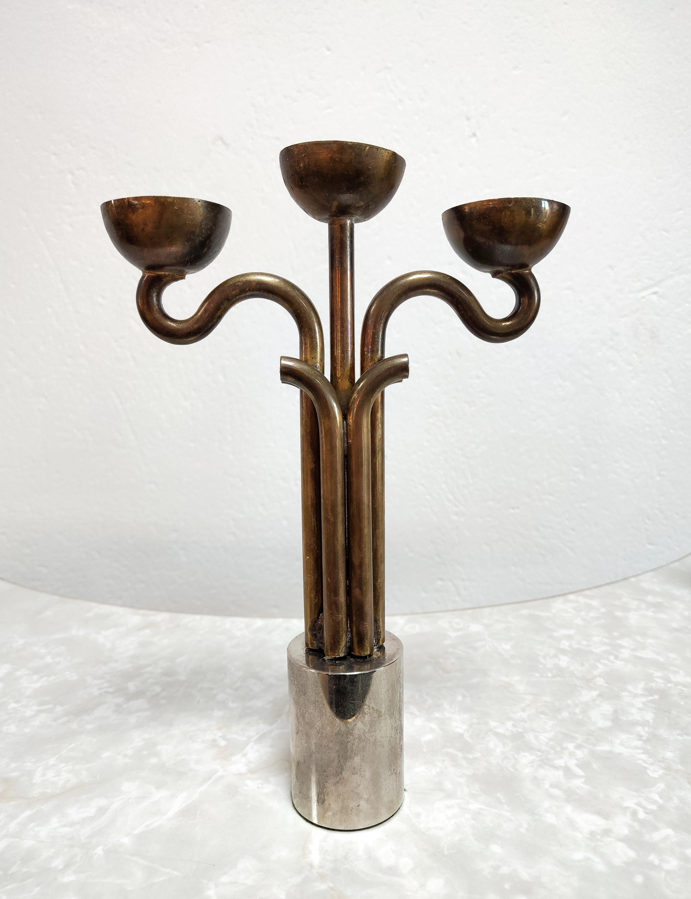 Italian Brutalist Candlestick Holder Done in Brass and Nickel, Italy, 1970s For Sale