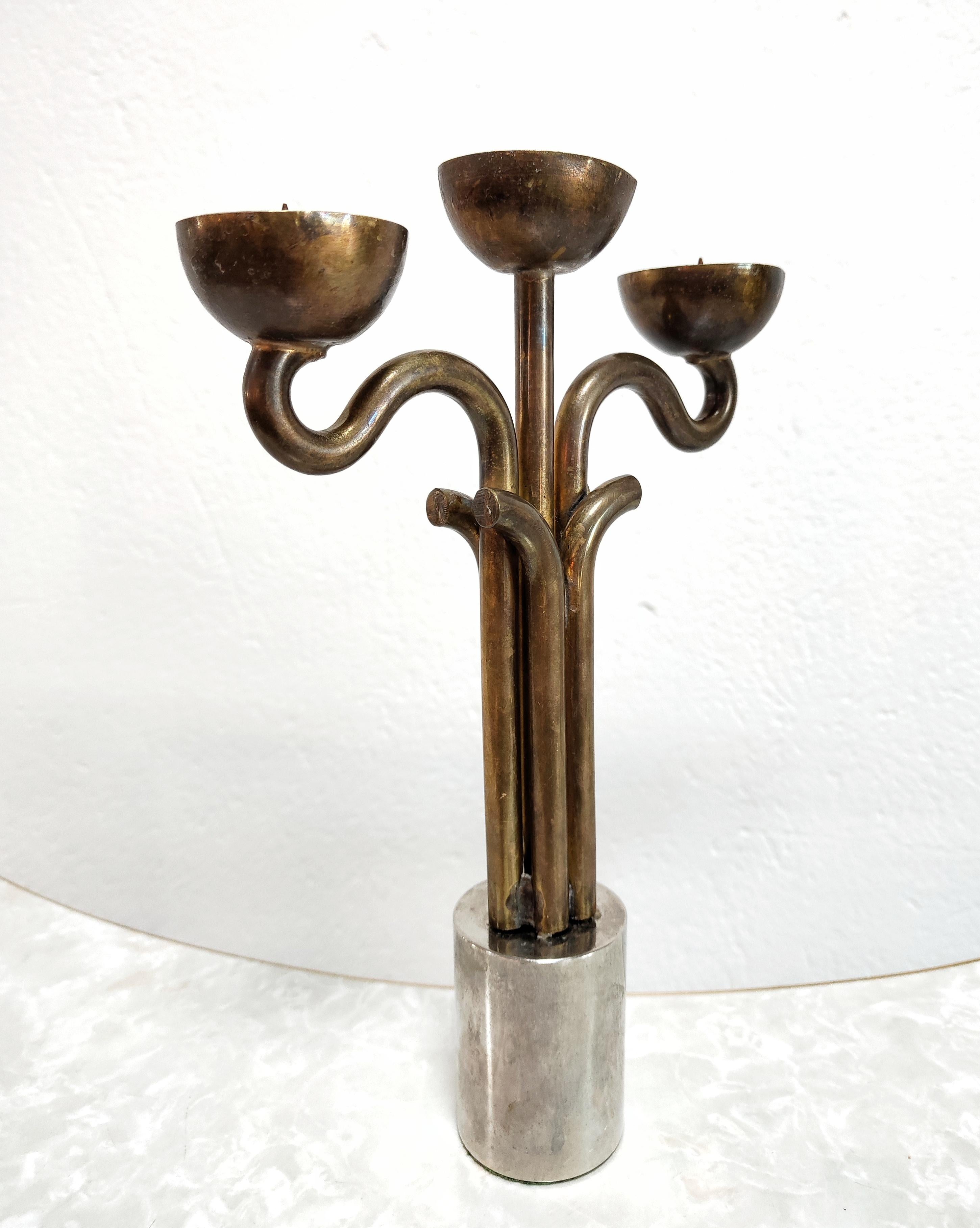 Brutalist Candlestick Holder Done in Brass and Nickel, Italy, 1970s In Good Condition For Sale In Beograd, RS