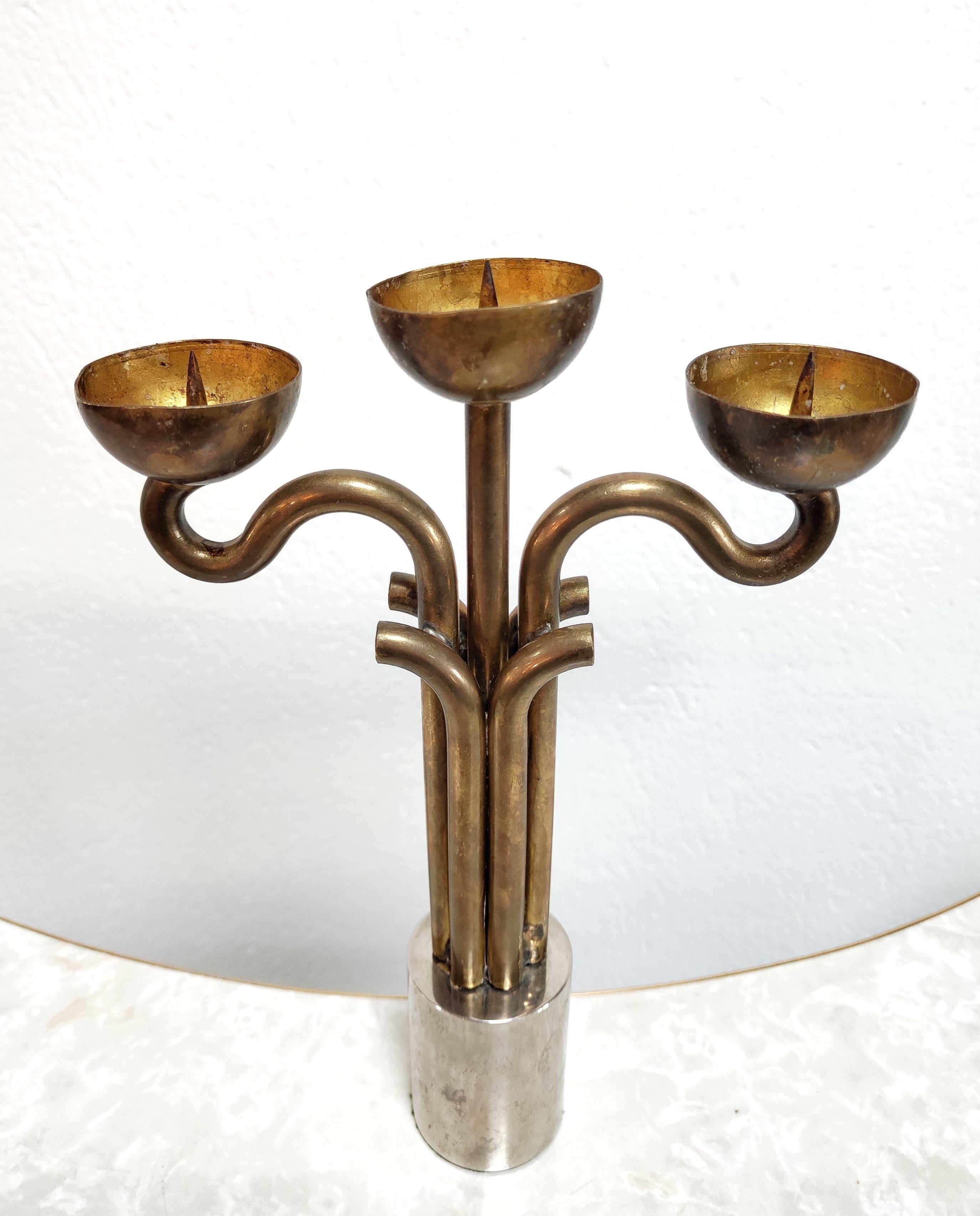 Brutalist Candlestick Holder Done in Brass and Nickel, Italy, 1970s For Sale 3