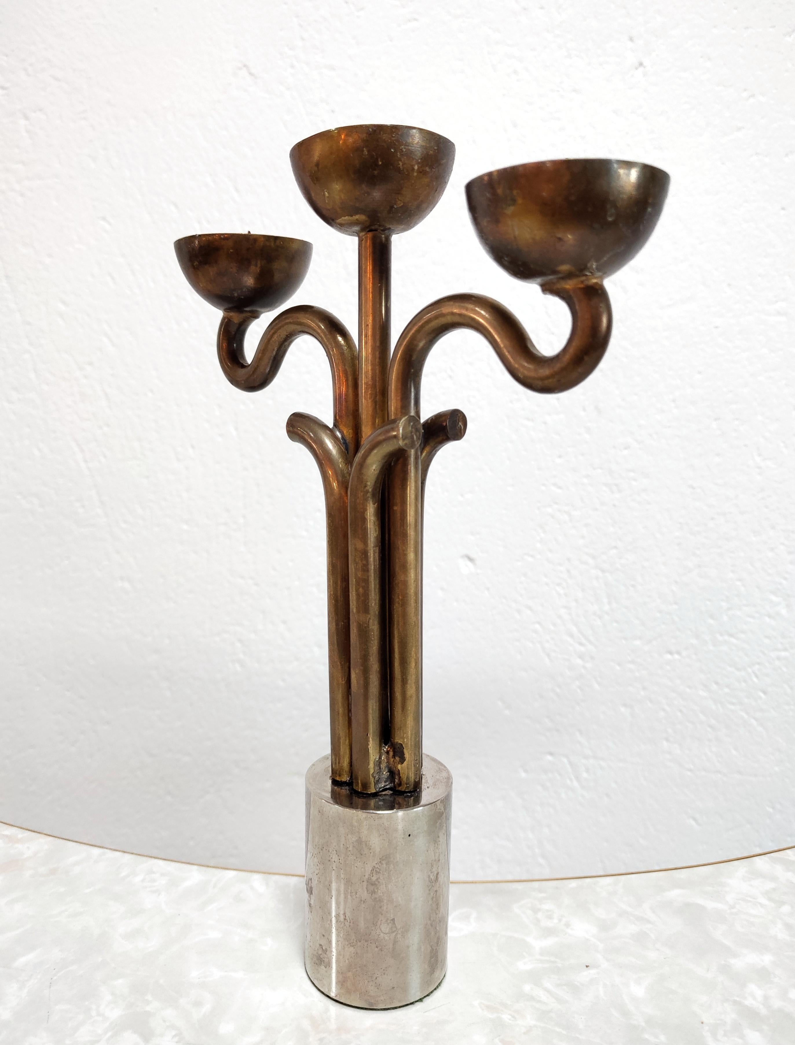 Brutalist Candlestick Holder Done in Brass and Nickel, Italy, 1970s For Sale 4