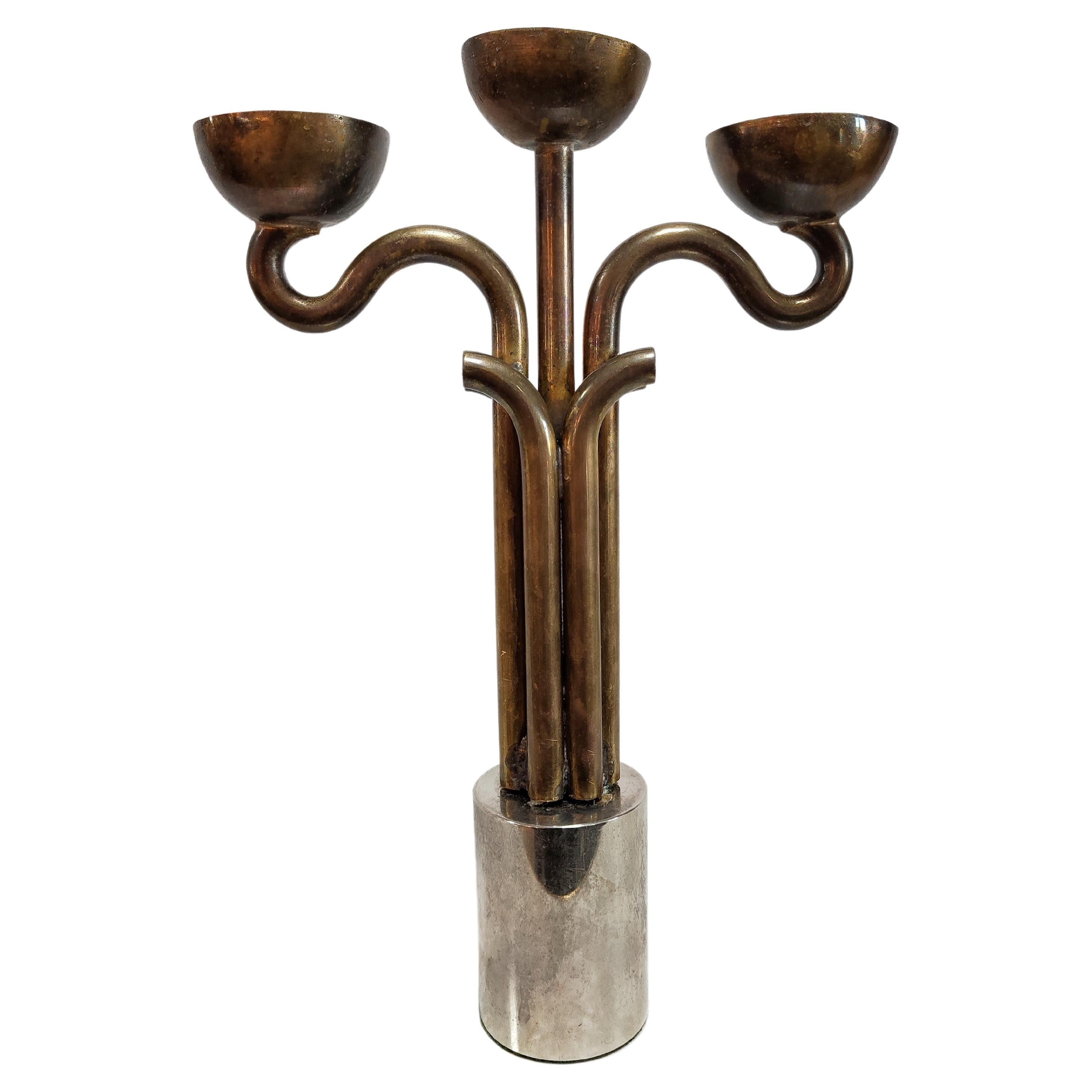 Brutalist Candlestick Holder Done in Brass and Nickel, Italy, 1970s