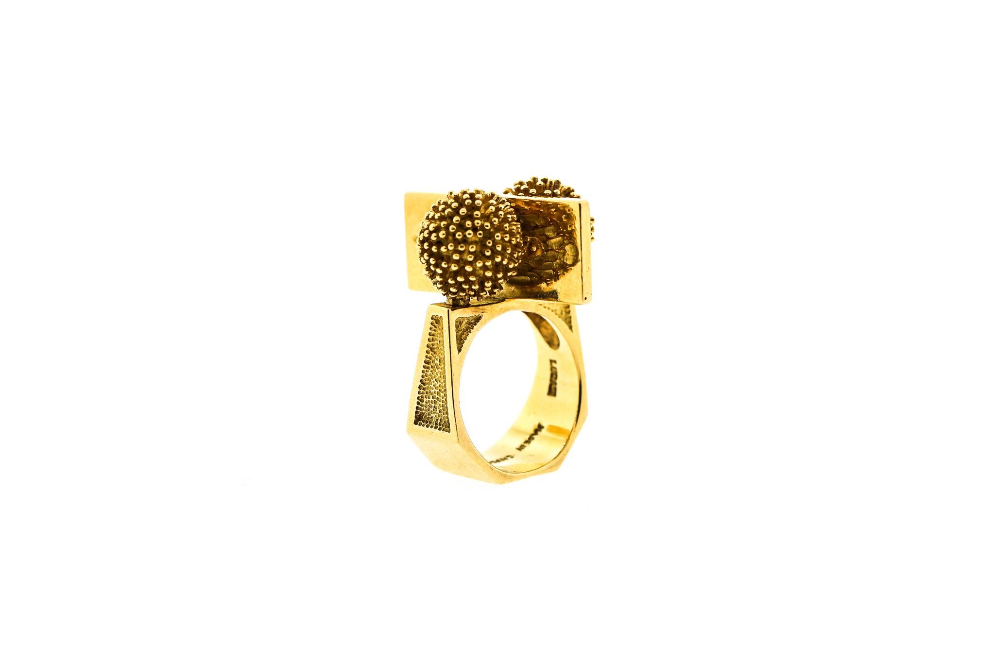 Rare Lucas Cartier 18k Brutalist gold ring, circa 1975. Lucas was a designer for Cartier for a short period of time, and his designs were all structural and modern. Now his pieces are recognized and sought after by collectors. This ring has two