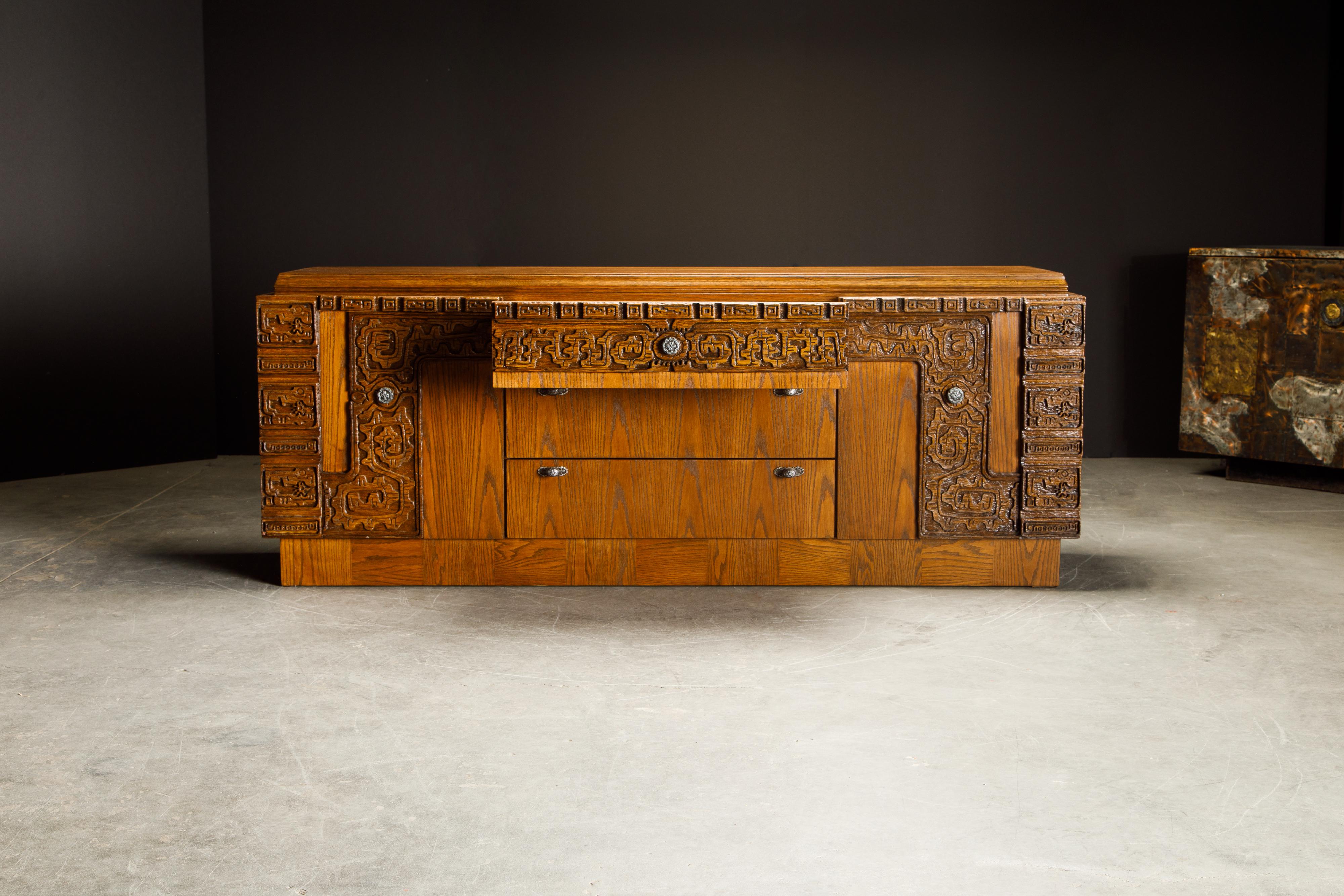 Brutalist Carved Cerused Oak and Pewter Mayan Styled Mid-Century Modern Dresser In Excellent Condition In Los Angeles, CA