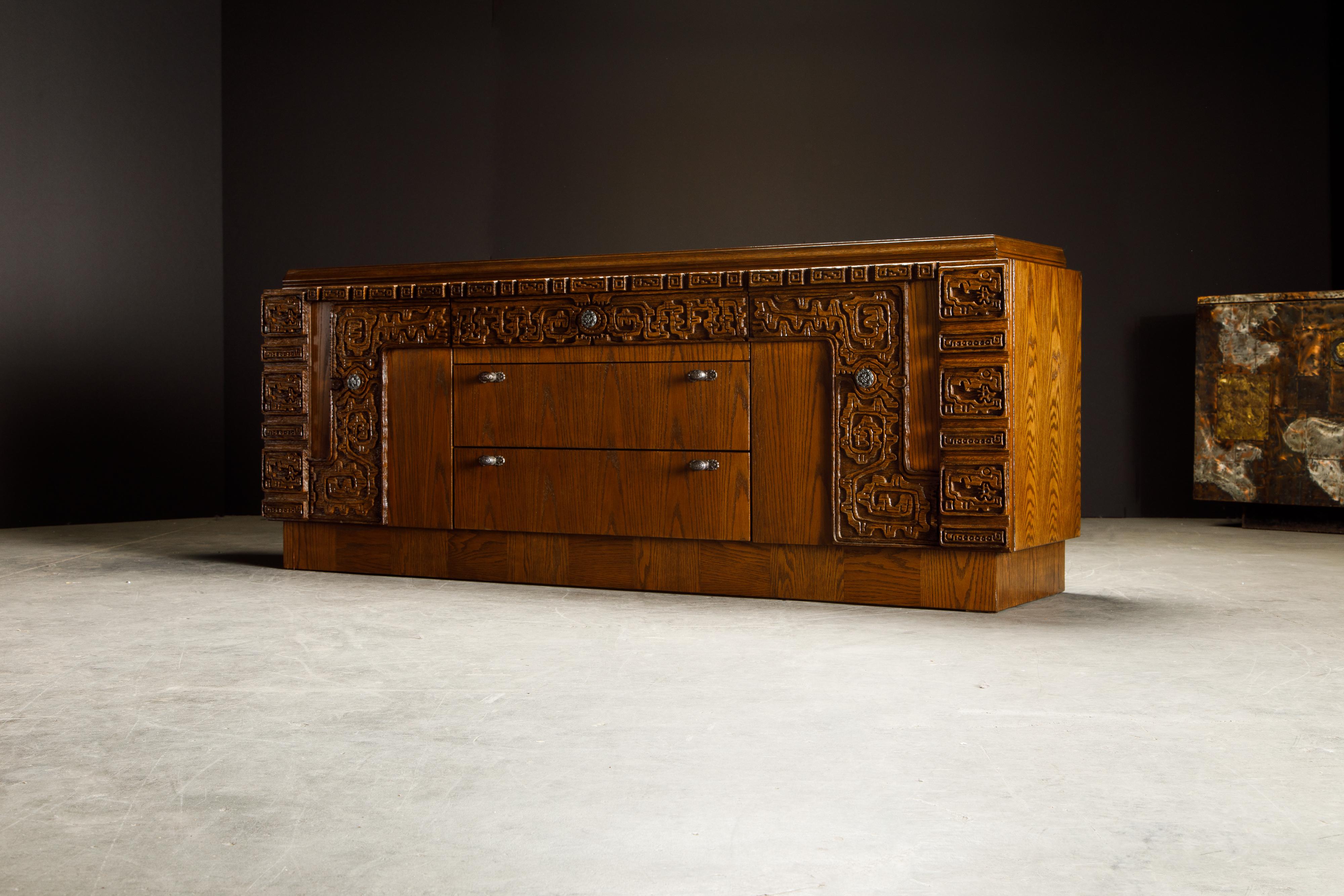 20th Century Brutalist Carved Cerused Oak and Pewter Mayan Styled Mid-Century Modern Dresser