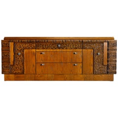 Vintage Brutalist Carved Cerused Oak and Pewter Mayan Styled Mid-Century Modern Dresser