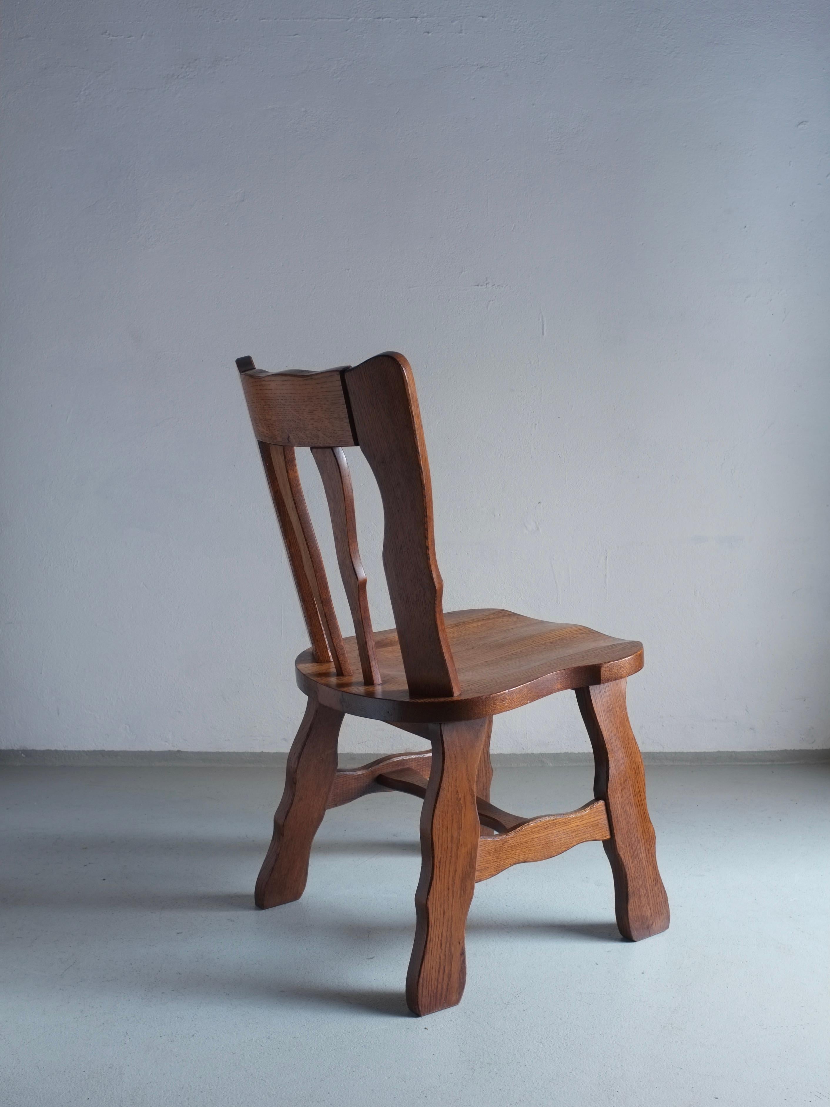 Belgian Brutalist Carved Oak Dining Chairs, Belgium, 1970s, Set of 2  For Sale