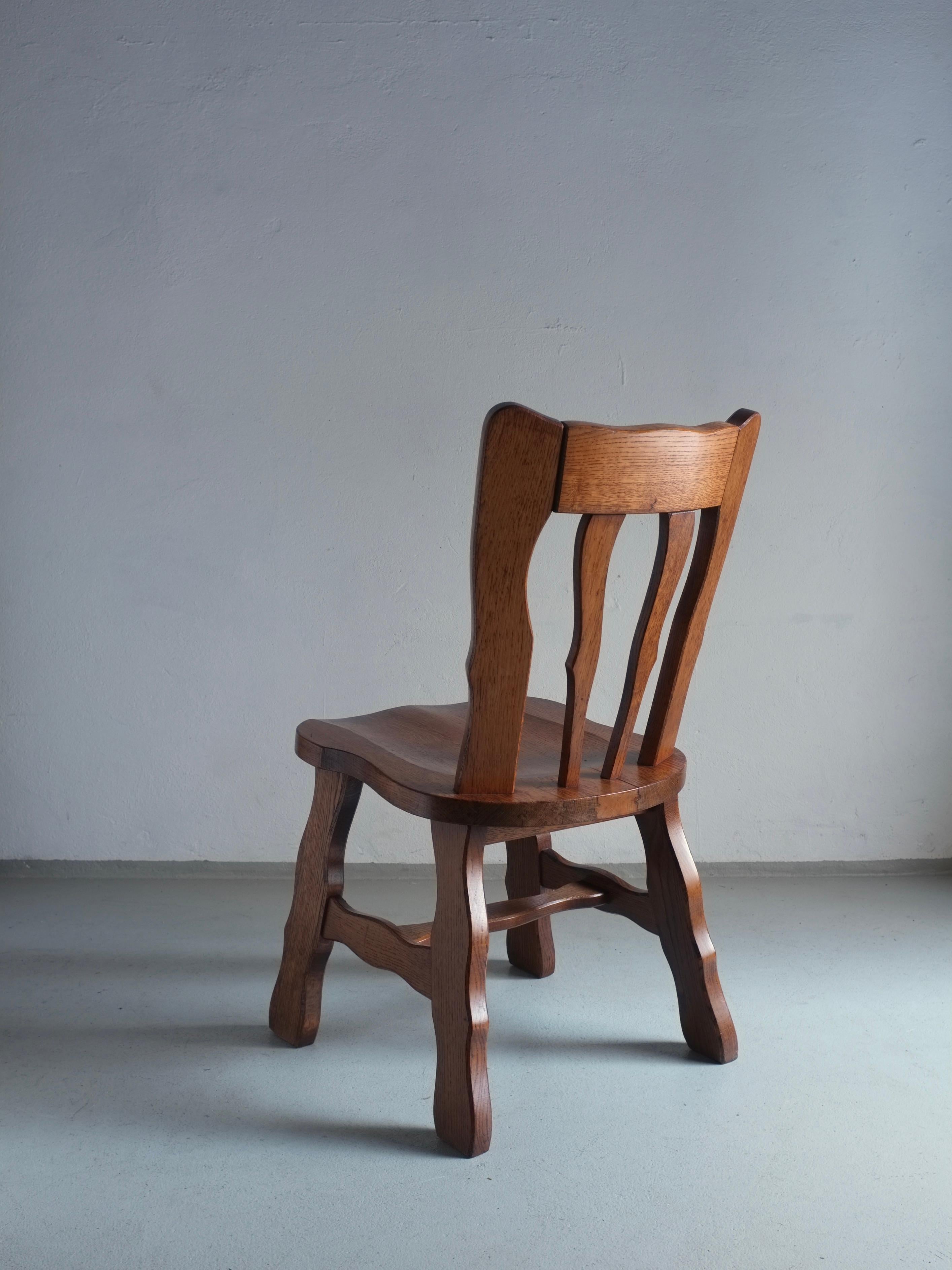 20th Century Brutalist Carved Oak Dining Chairs, Belgium, 1970s, Set of 2  For Sale