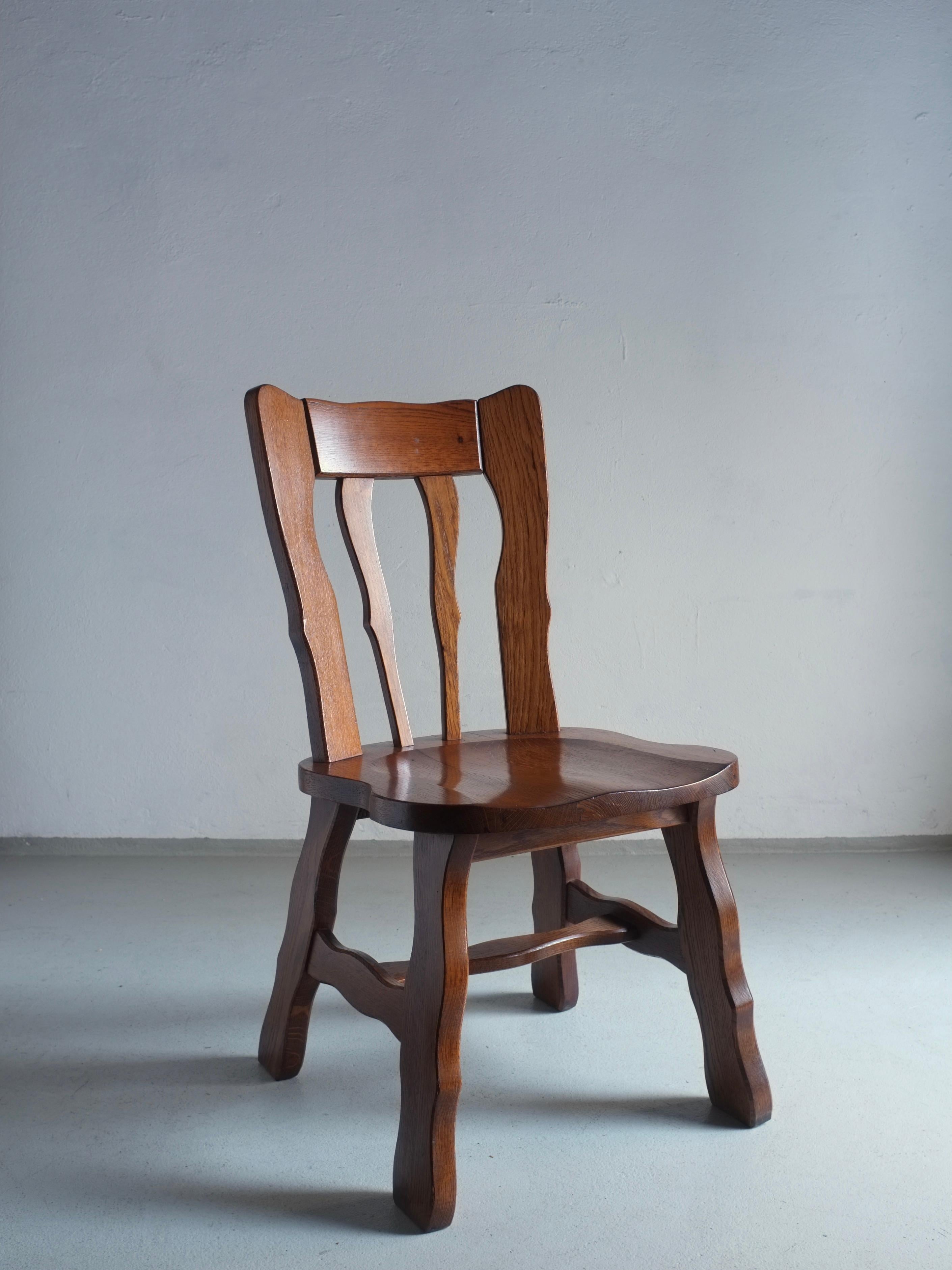 Brutalist Carved Oak Dining Chairs, Belgium, 1970s, Set of 2  For Sale 3